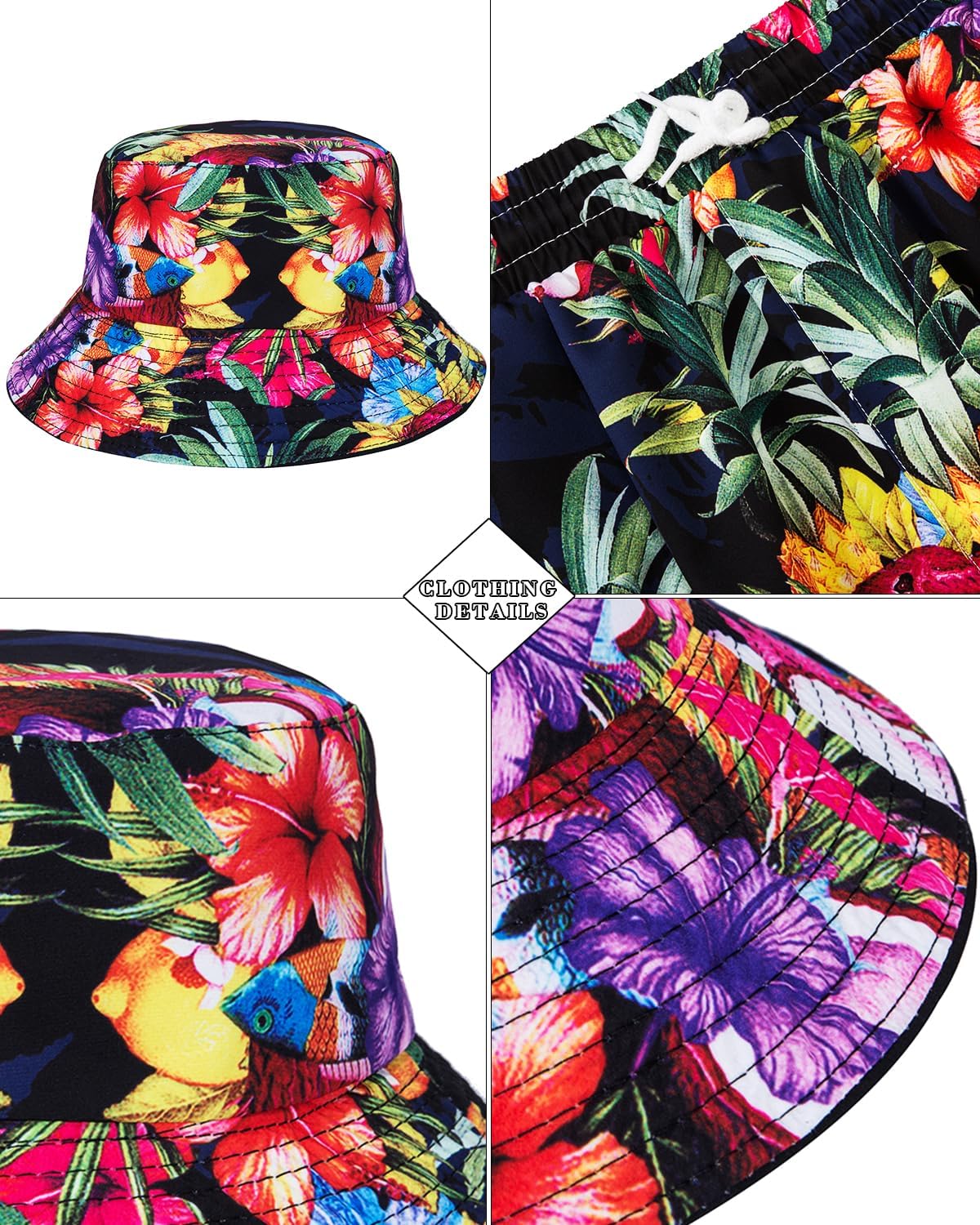 TUNEVUSE Mens Hawaiian Shirts and Shorts Set 2 Pieces Beach Outfits Flower Print Summer Tropical Suit with Bucket Hats - Image 5