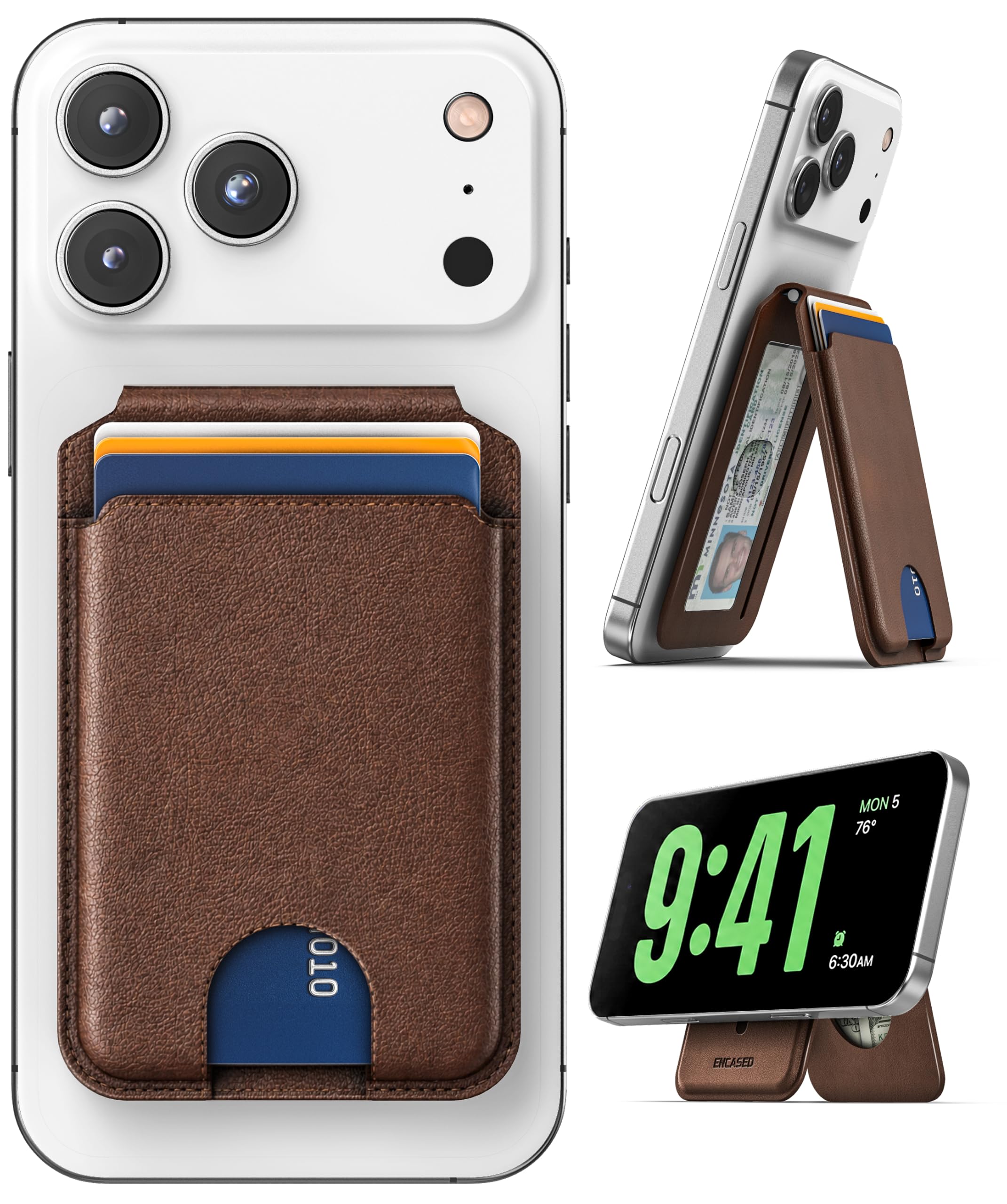 Magnetic Wallet Folding Stand, Premium PU Card Holder (Fits 3 Cards + ID) with Metal Hinge, MagSafe Compatible for iPhone (Brown Leather)-image-8