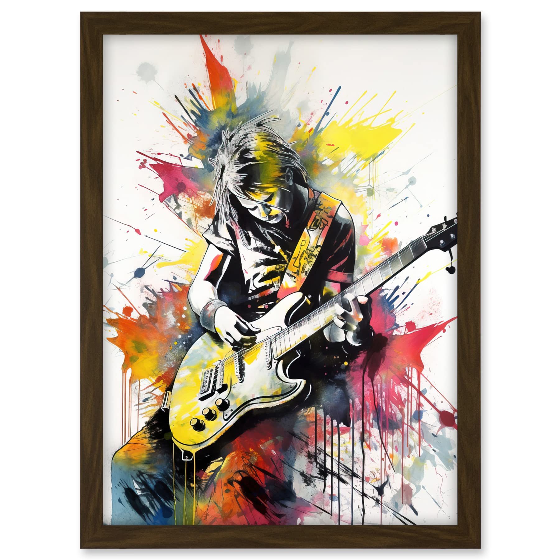 Artery8 Guitarist Playing Electric Guitar Music Solo Vibrant Modern Splat Paint Watercolour Illustration Artwork Framed A3 Wall Art Print
