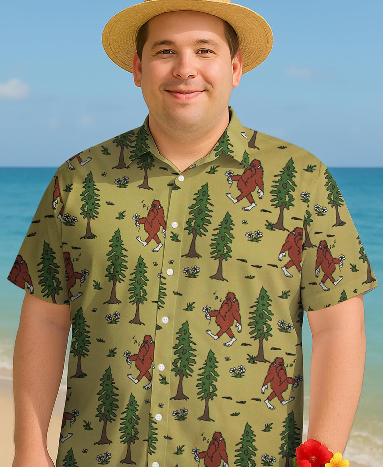 Funny Men’s Big & Tall Hawaiian Shirt, Relaxed Fit Short Sleeve Button-Down for Vacation, Beach & BBQ, Olive Green Bigfoot Forest 5X-Large Big Tall - Image 4