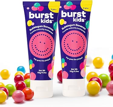 BURST Bubblegum Bonanza Kids Toothpaste with Fluoride 4oz/2 Pack | Great Tasting Flavored for Children & Toddlers | Anticavity | Dye Free & Vegan | Safe for Kids Ages 2+
