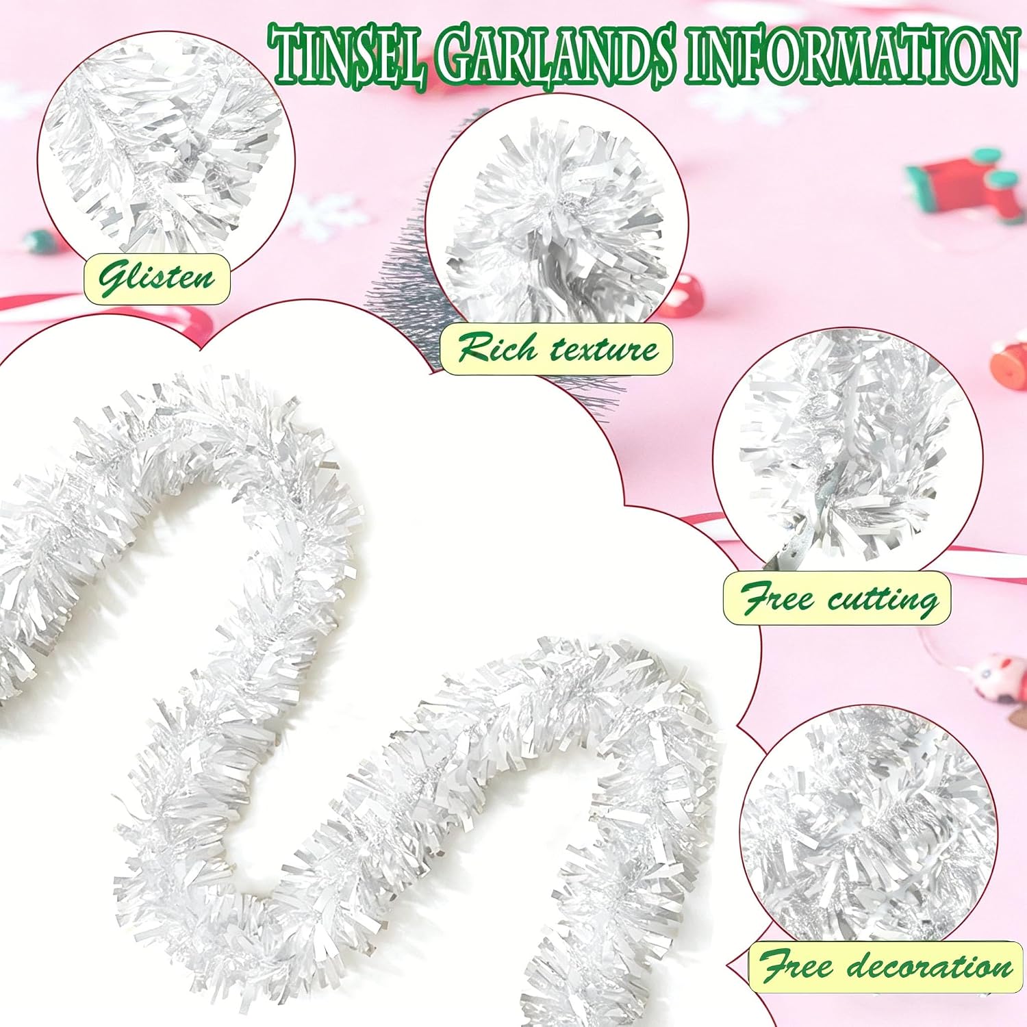 33Ft Christmas Tinsel Garland Xmas Tree Decorations Thick Metallic Twist Garlands Ceiling Hanging White Birthday Streamers for New Year Party Indoor Outdoor Decor Supplies-White