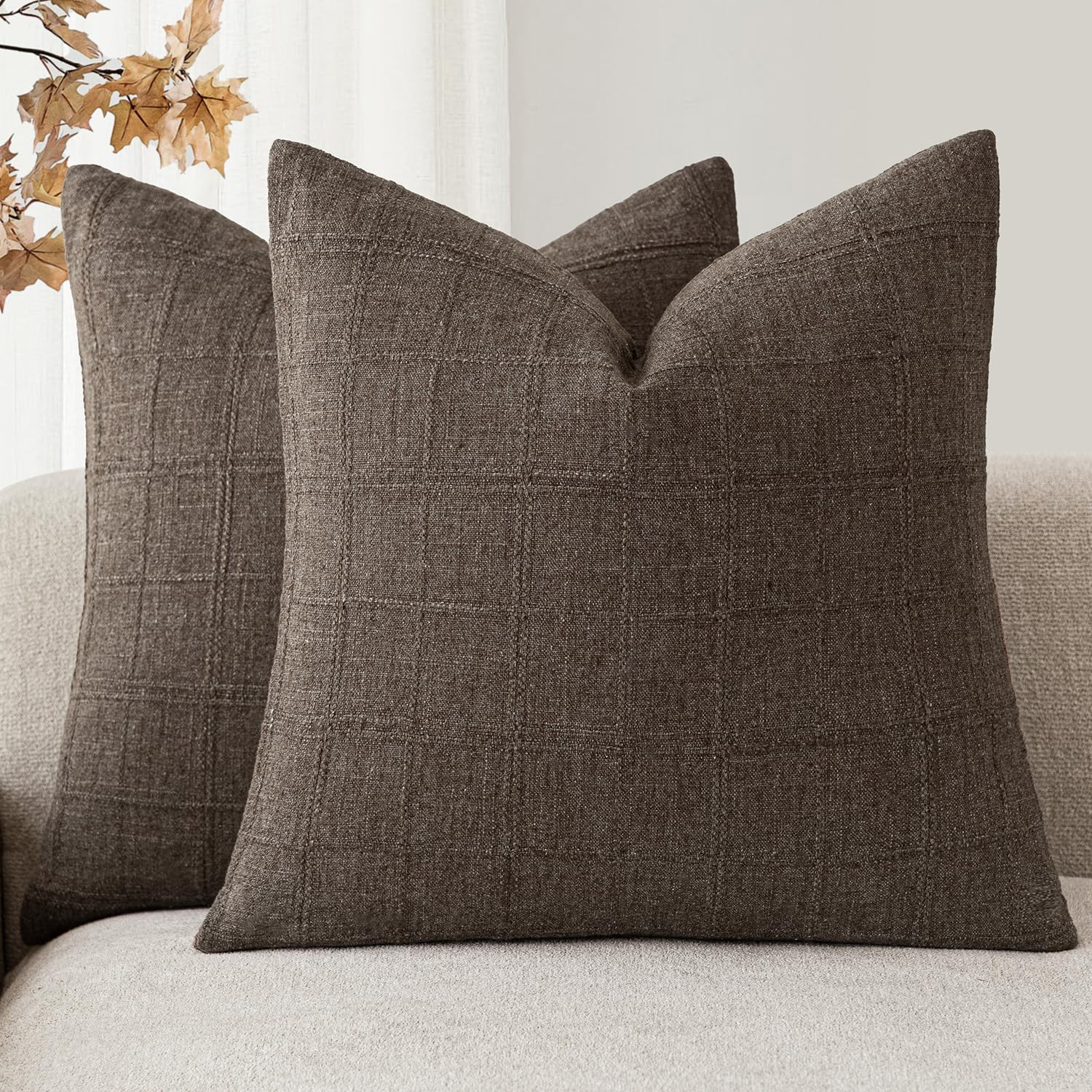 Foindtower Boho Linen Check Decorative Throw Pillow Covers 26×26 Dark Brown