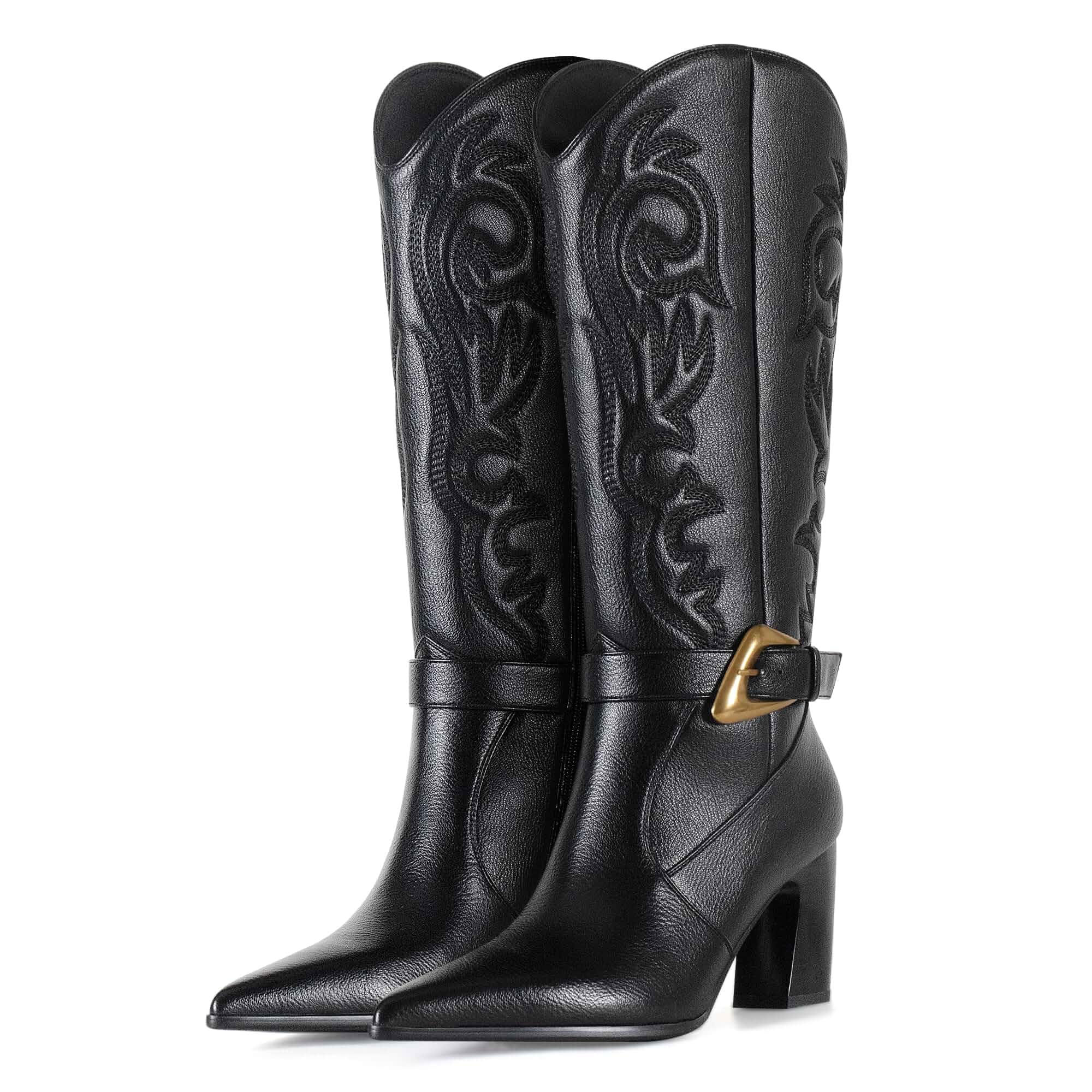LACIKOSZ Western Cowboy Boots for Women - Knee High Calf Cowgirl Boots with Classic Embroidered with Gold Buckle, Slip On Pointed Toe Chunky Heel Fashion Retro Classic Faux Leather Pull On Tall Boot