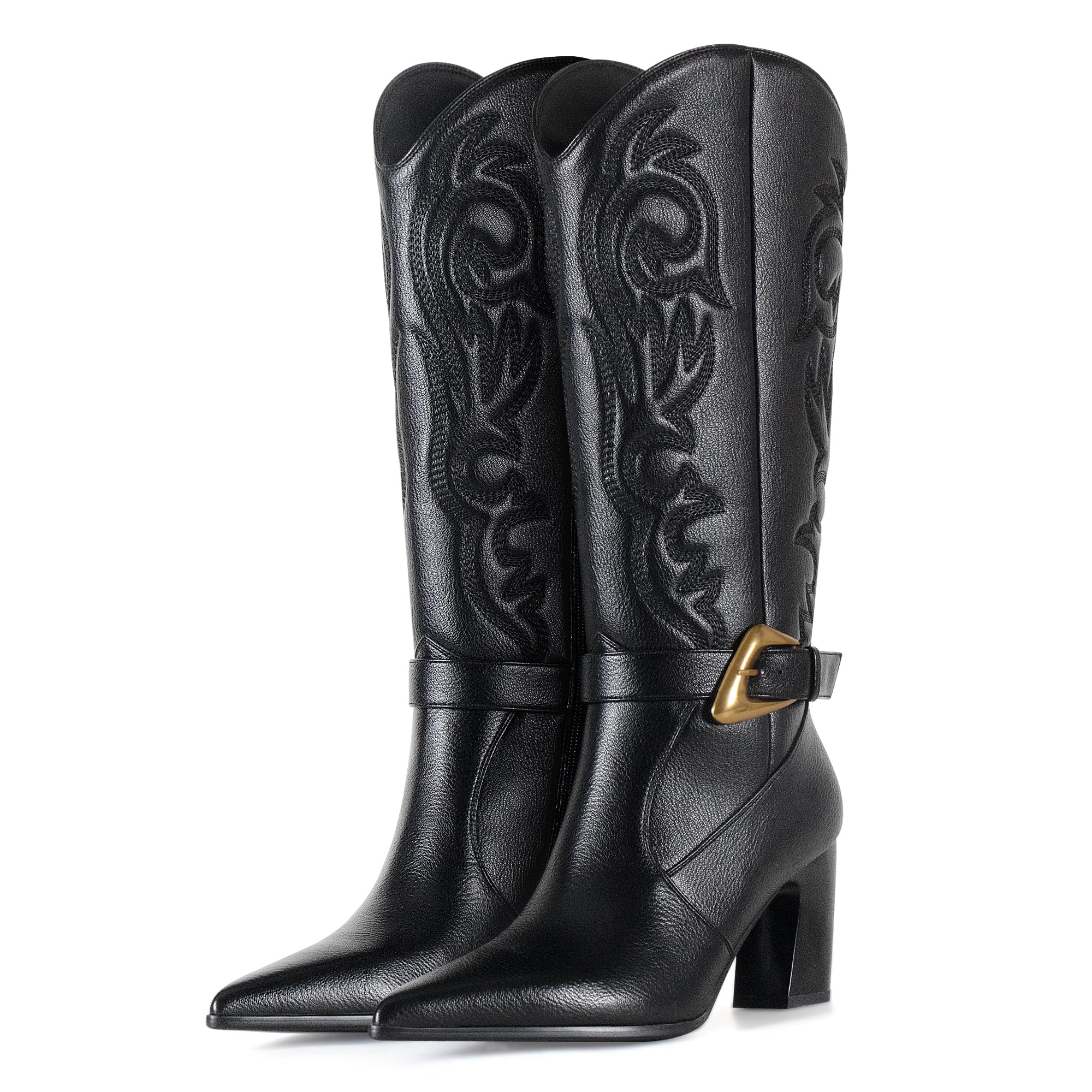 LACIKOSZ Western Cowboy Boots for Women - Knee High Calf Cowgirl Boots with Classic Embroidered with Gold Buckle, Slip On Pointed Toe Chunky Heel