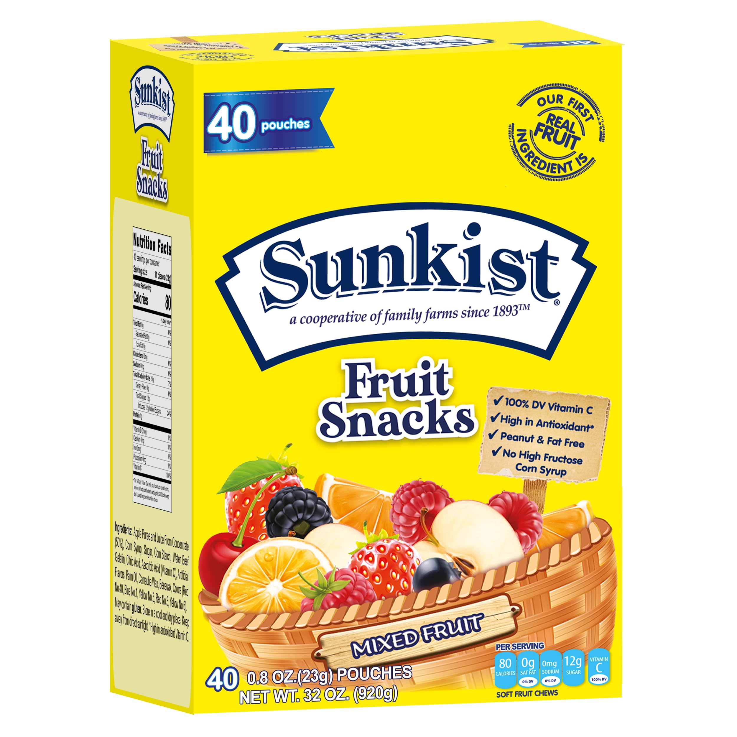 Mixed Fruit - Peanut, Fat, High Fructose Corn Syrup Free Mixed Fruit Gummies Box - Fruit Snacks with Mixed Fruit Flavors - Juicy Fruit Gummy Candy Bulk by Kervan (40 Pouches)