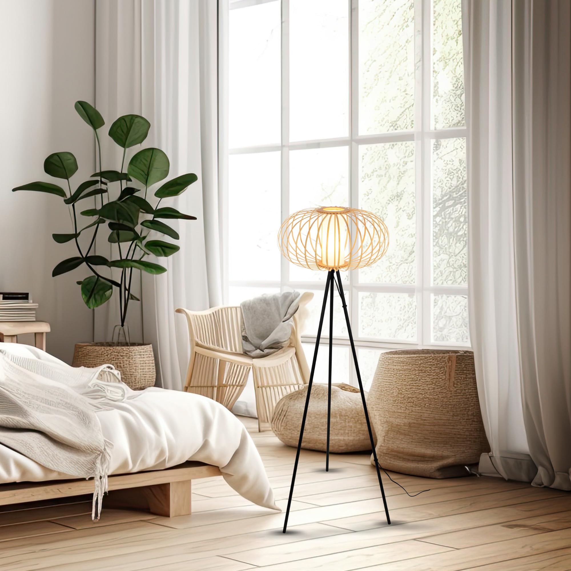 Briloner - Lámpara de Pie para el Salón, Lámpara de Lectura, Lámpara de Salón, Lámpara de Pie de Madera, Boho, Dormitorio deco, Lámpara de Pie, Casquillo E27, Negro-Madera