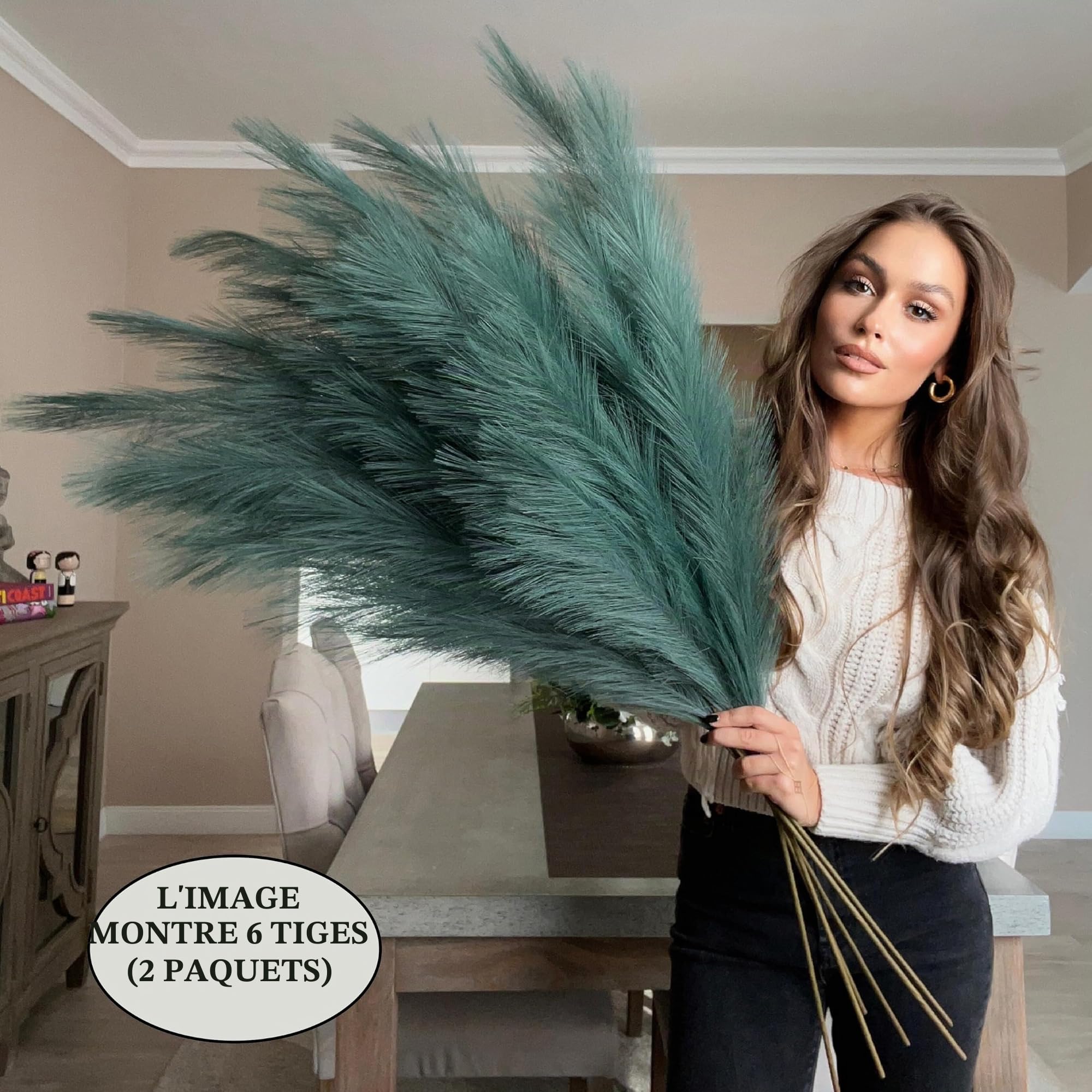 Herbe artificielle de pampa extra large haute vert lac grand moelleux x3 tiges 115 cm x18 plumes décoratives artificielles flore pour pots de sol fleurs plantes hautes herbe longue