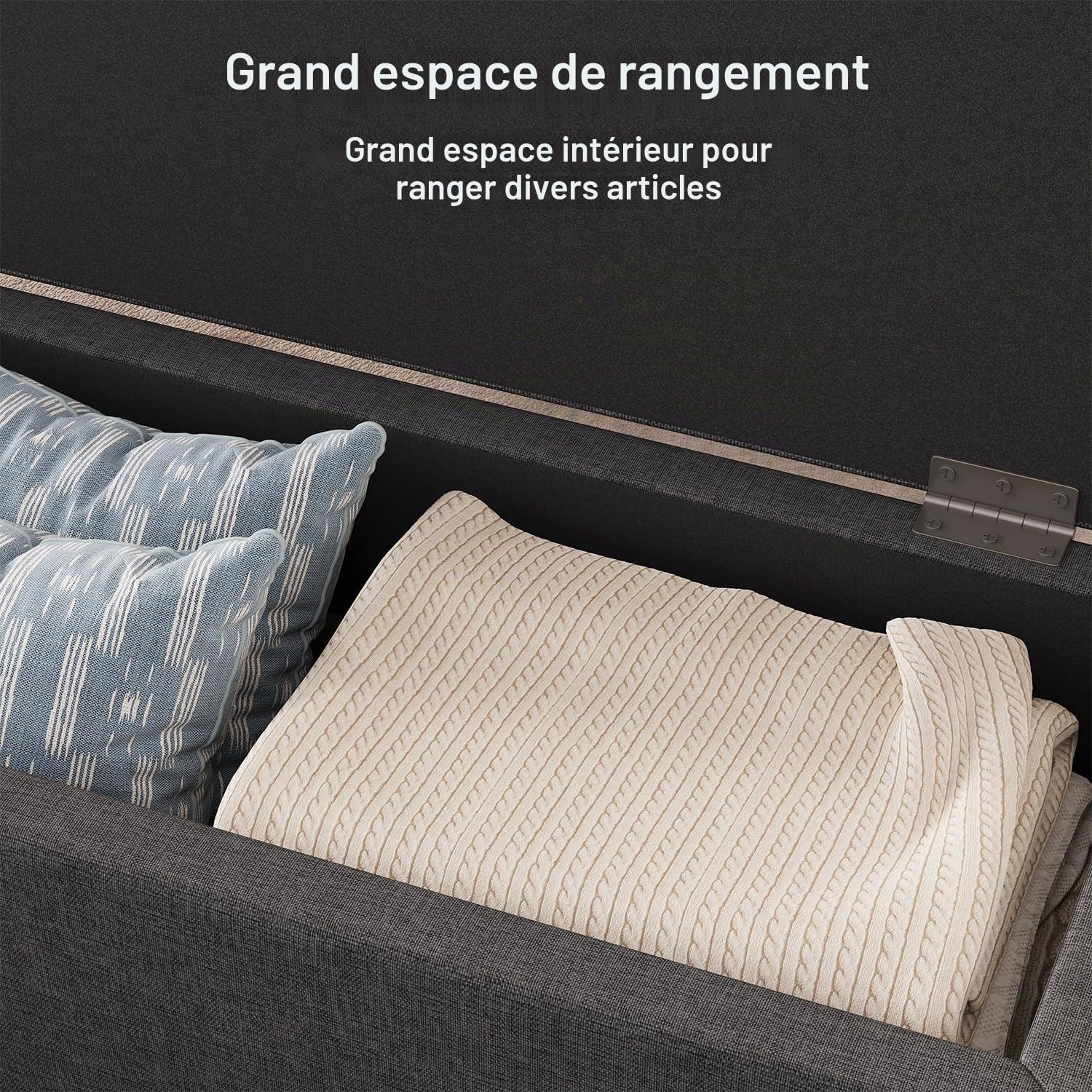 Banquette Coffre, Banc Bout de Lit en Lin, Gris