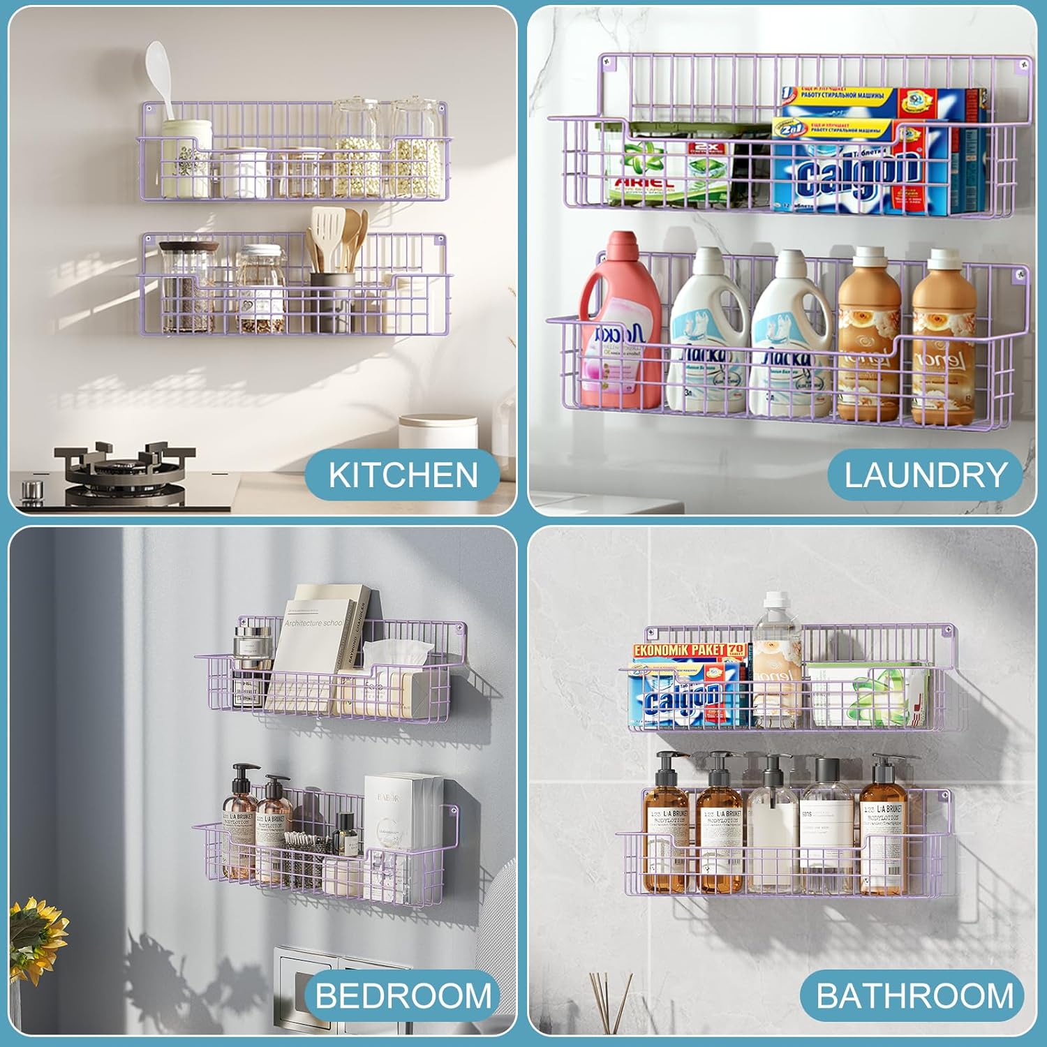 Spice Rack Wall Mount, Spice Organizer for Cabinet & Pantry Door, Set of 4 Hanging Spice Rack Saving Space for Kitchen, Purple