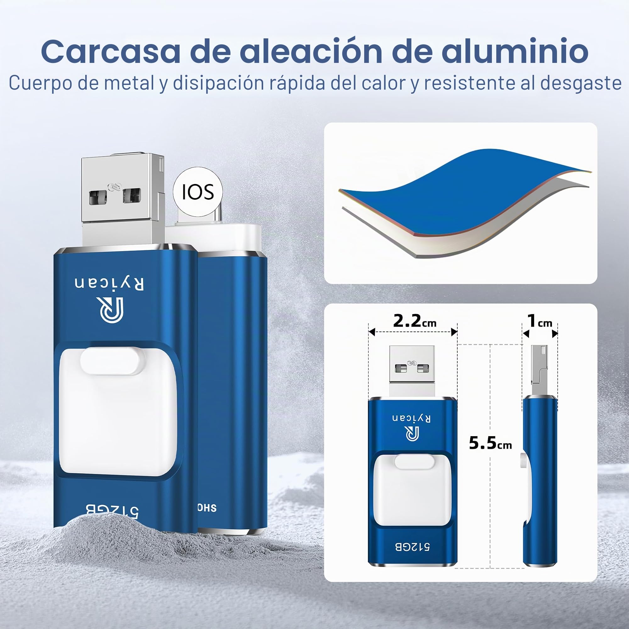 Memoria USB para Phone 512GB,Ryican 4 in 1 Pendrive transmisión de Alta Velocidad Photostick USB 3.0 Memoria Externa para iOS/Pad/Android/Teléfono/PC, Tiene Función de Protección Contraseña,Azul