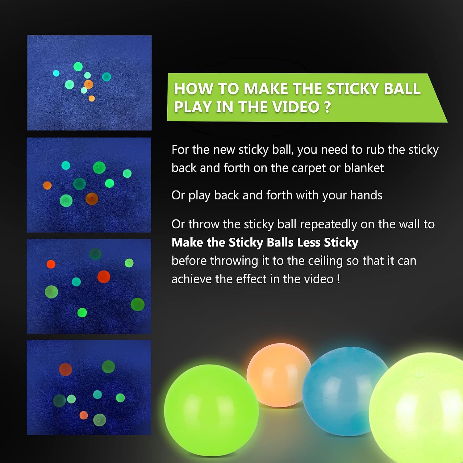 Glow in The Dark Sticky Ceiling Balls Fidget Pack Stress Relief Toys Ultra Soft Skin Friendly TPR Light Absorbing and Non Tearing Texture Calming