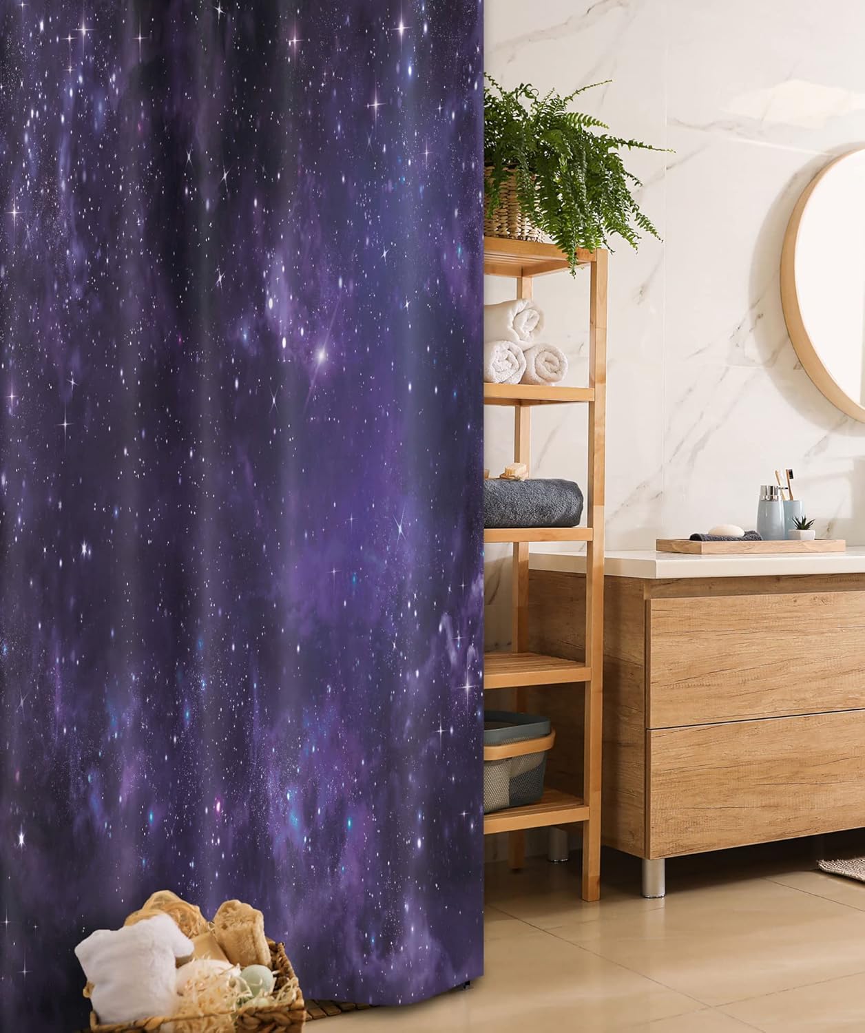 Ambesonne Galaxy Stall Shower Curtain, Celestial Stars in Night Sky Stardust in Clouds Fantasy World of Space, Fabric Bathroom Decor Set with Hooks, 36" W x 72" L, Black and Purple