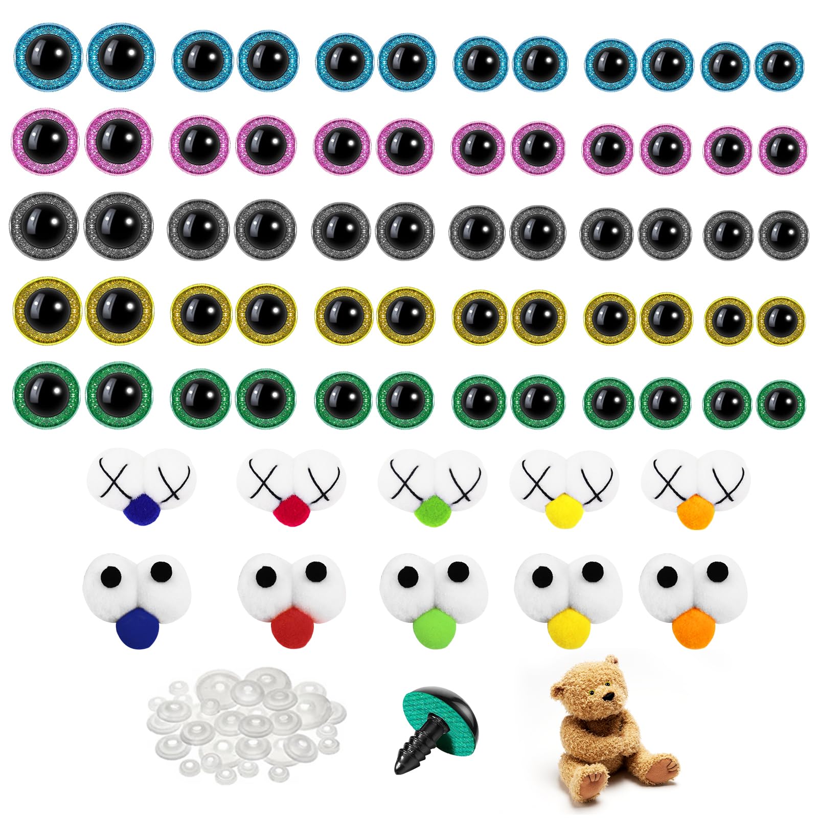Occhi Per Bambole E Peluche Fai Da Te 64 Occhi Di Sicurezza Per Animali All'uncinetto – Glitter 14 Mm, 8 Colori, Con Rondelle | Per Bambole, Peluche, Decorazioni Fai-da-te Kit Occhi Per Cucito