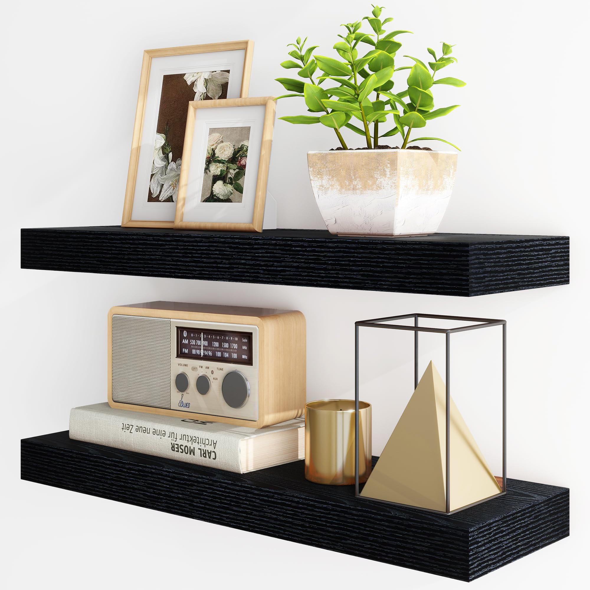 Fun Memories Floating Shelves for Wall, 24Inch Floating Shelves Set of 2, Hanging Shelf with Invisible Brackets, Wood Shelves for Living Room, Bedroom, Kitchen, Black