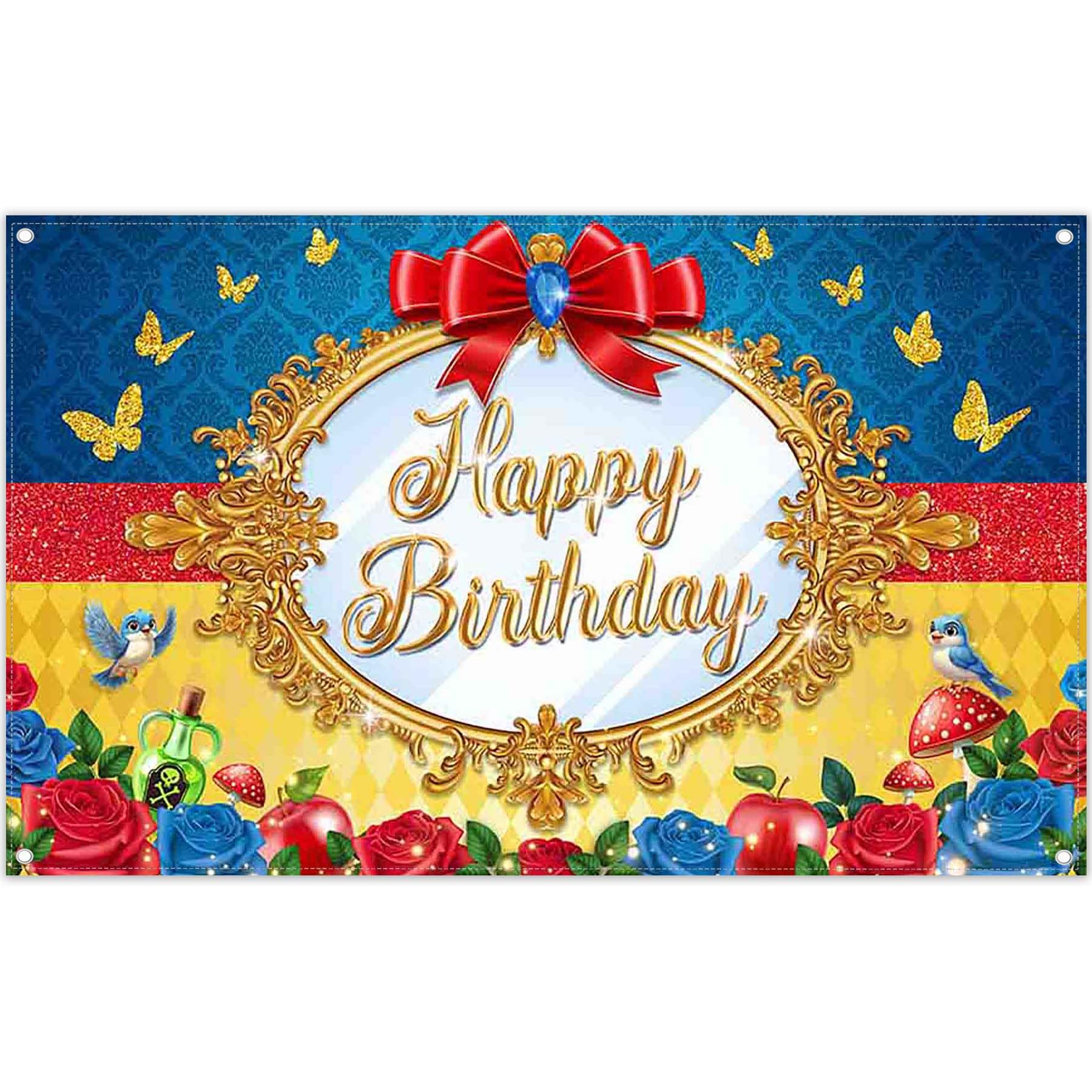 Monalivest 72x43inch Cartoon Fairytale Birthday Photography Backdrop Mirror Red Apple Bow Rose Background Girls Birthday Party Decorations Photo Booth