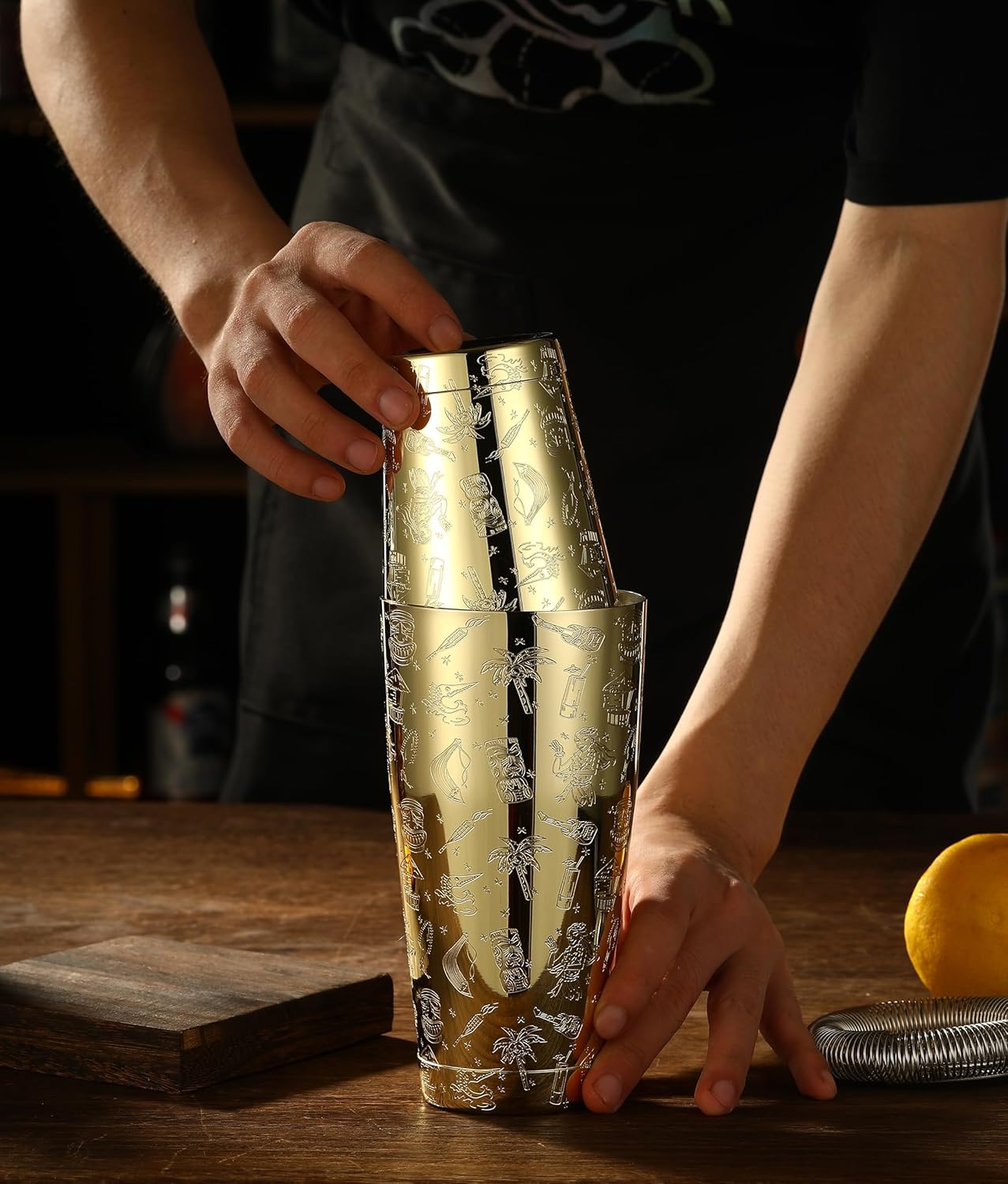 Weighted Boston Shaker Cocktail Shaker Etched with Tiki Imagery (Gold Tiki Graphic) - Image 4