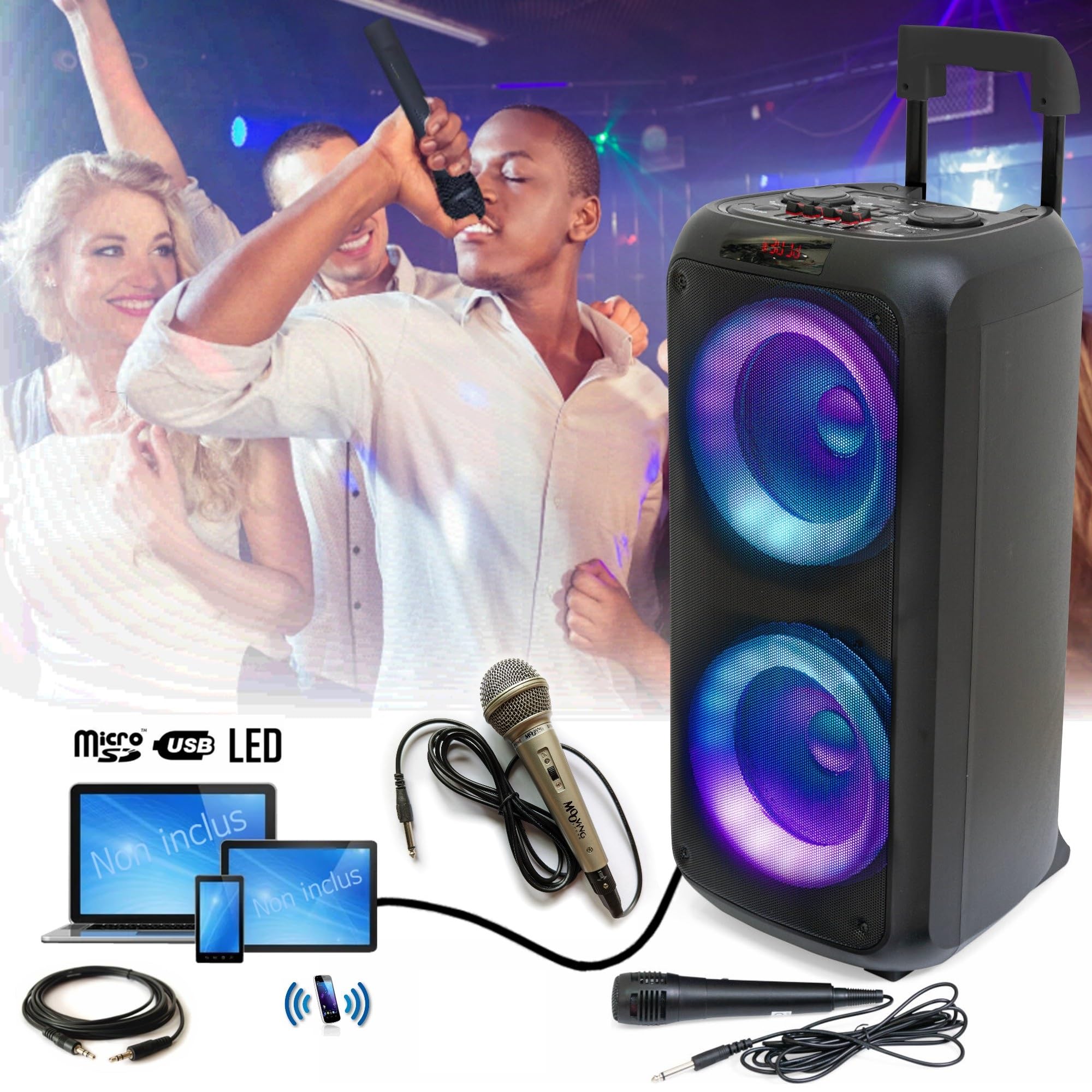 Ibiza - Pack Karaoké Enceinte Bluetooth USB AUX SD TWS sur Batterie 600W - 2 Micros - Enfant Cadeau Boum Anniversaire Noël Fête Musique