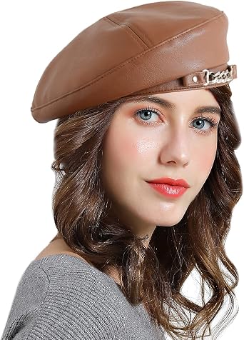 PU Leather Beret Hat for Women, French Artist Hat Solid Color Beanie