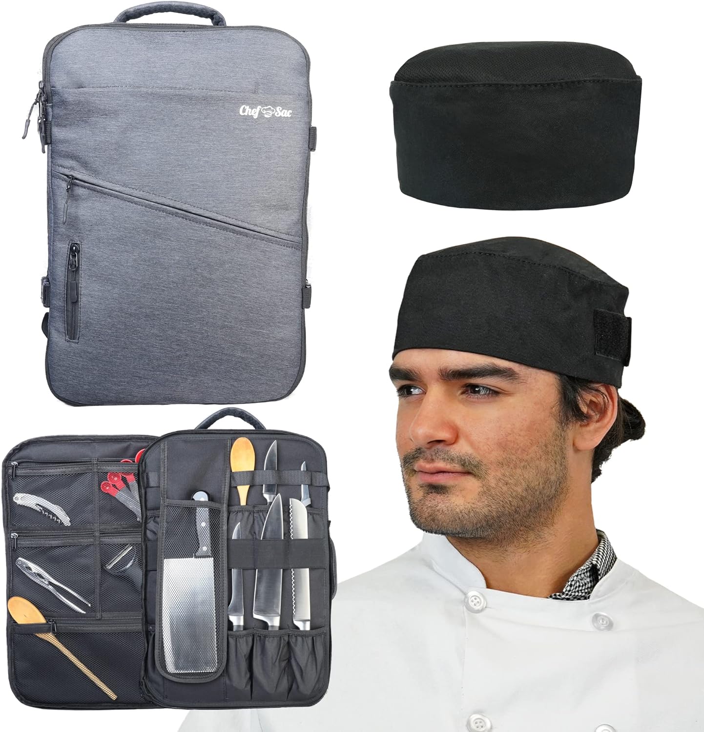 Chef Knife Bag Backpack Set with Chef Hat Beanie Included