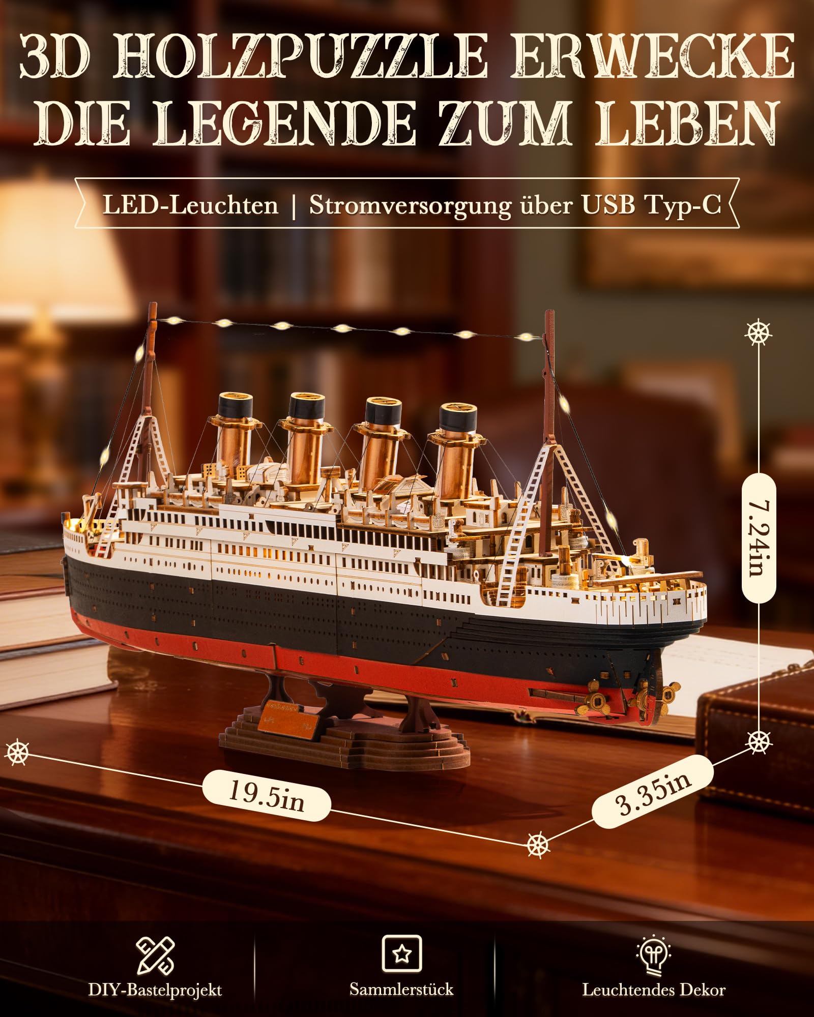 ROBOTIME 3D Holzpuzzle 1912 Eternal Atlantic Voyager, Modellbausatz für Erwachsene zum Selberbauen, Wohnraumdekoration, handgefertigte Geschenke für Erwachsene und Jugendliche