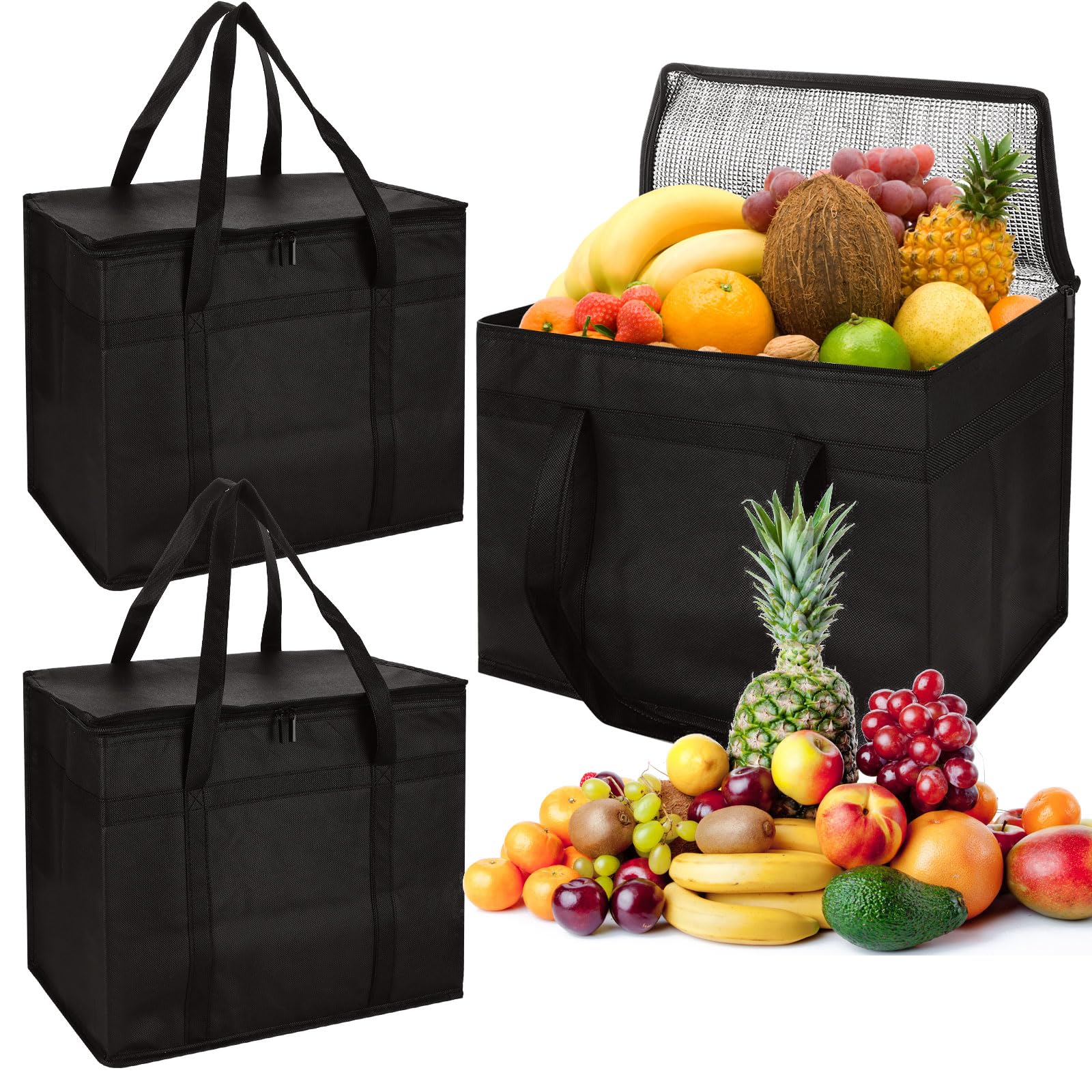 CYEER 3 Pack Insulated Bag, Food Delivery Bags for Hot Food, Foldable Cooler Bags Thermal Shopping Bags with Double Zip for Hot and Cold Food Transport