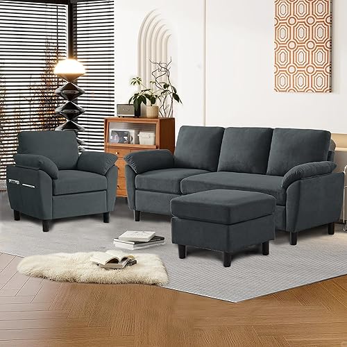 Miniatura 16 de Juego de sofá modular de 2 piezas para sala de estar, sofá convertible moderno de lino en forma de L de 79 pulgadas con otomana móvil y silla Gris