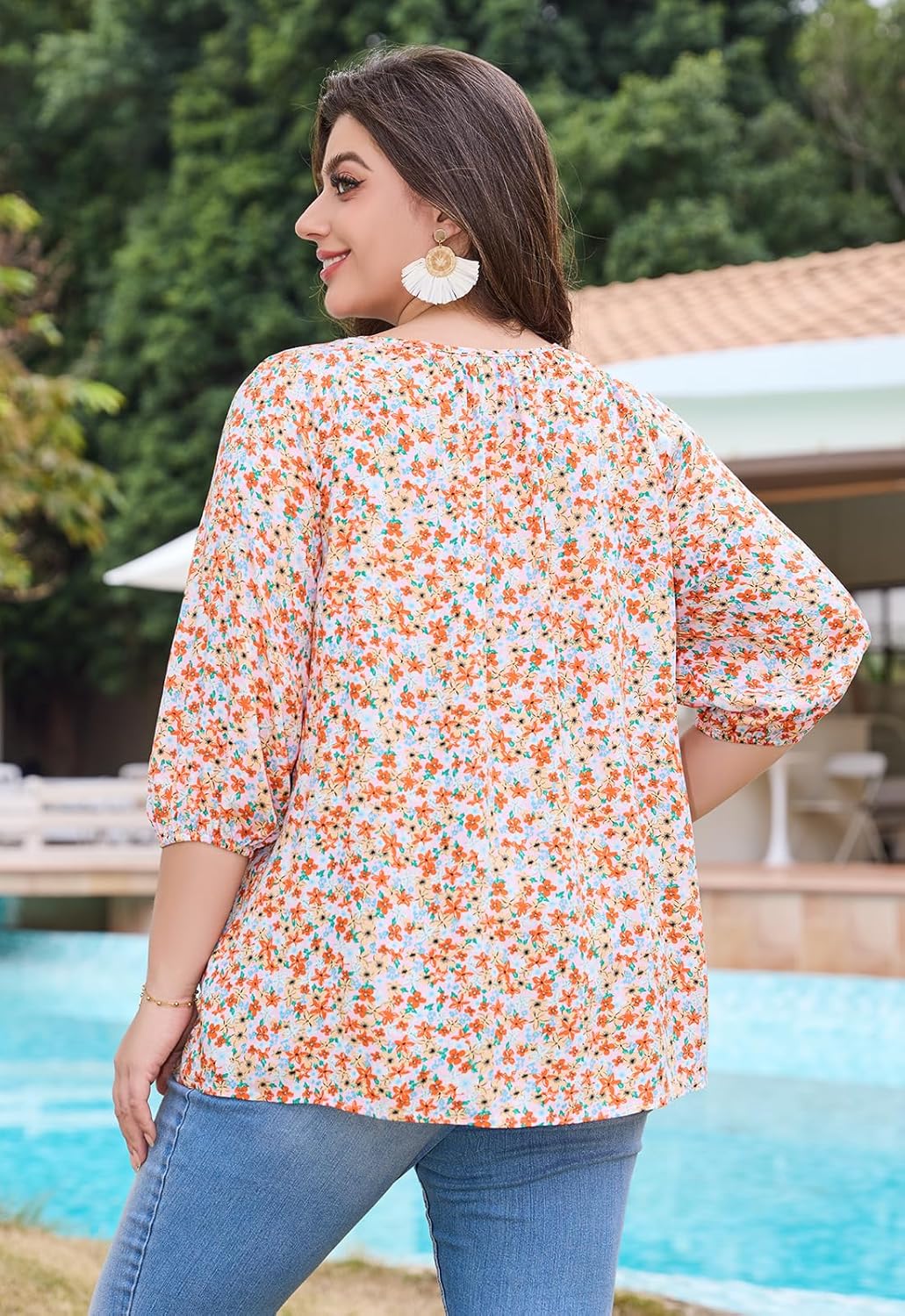 Keluummi Plus Size Summer Tunic Tops for Curvy Women, Casual Boho Floral Loose Shirts Clothes Long 3/4 Sleeve V Neck Blouses - Image 4