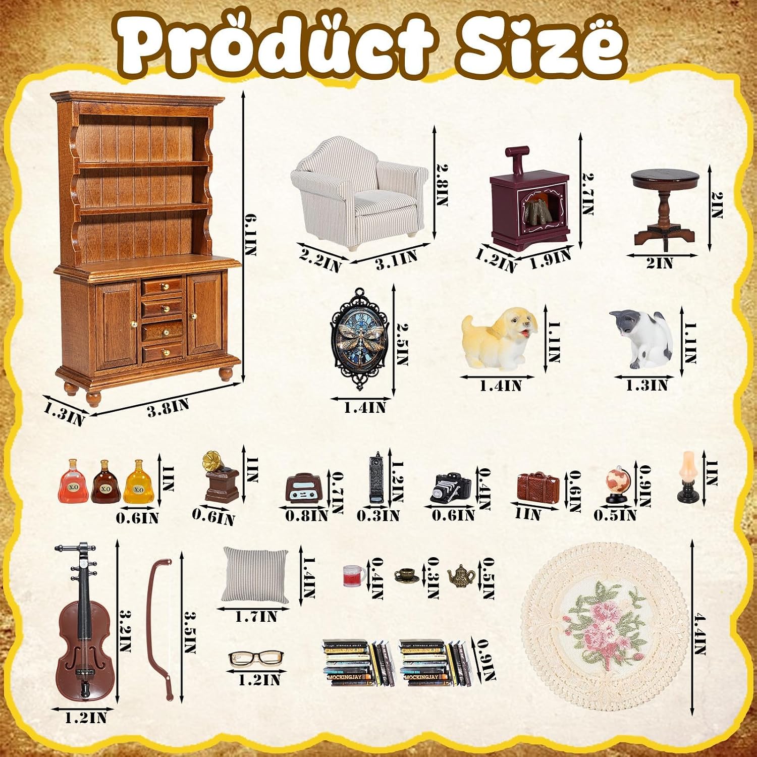 1：12 Scale Miniature House Furniture Set Classic Mini Furniture Sofa Set with Pillows Mini Couch Carpet Wooden Furnitures Bookshelf Desk Chair Living Room Scene Decor