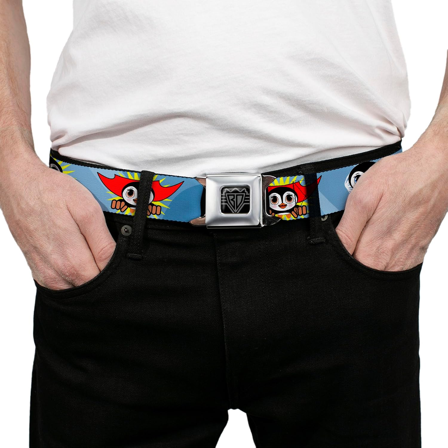 Buckle-Down Seatbelt Belt - Penguin Superhero Blue Bubbles - 1.5" Wide - 24-38 Inches in Length image 3