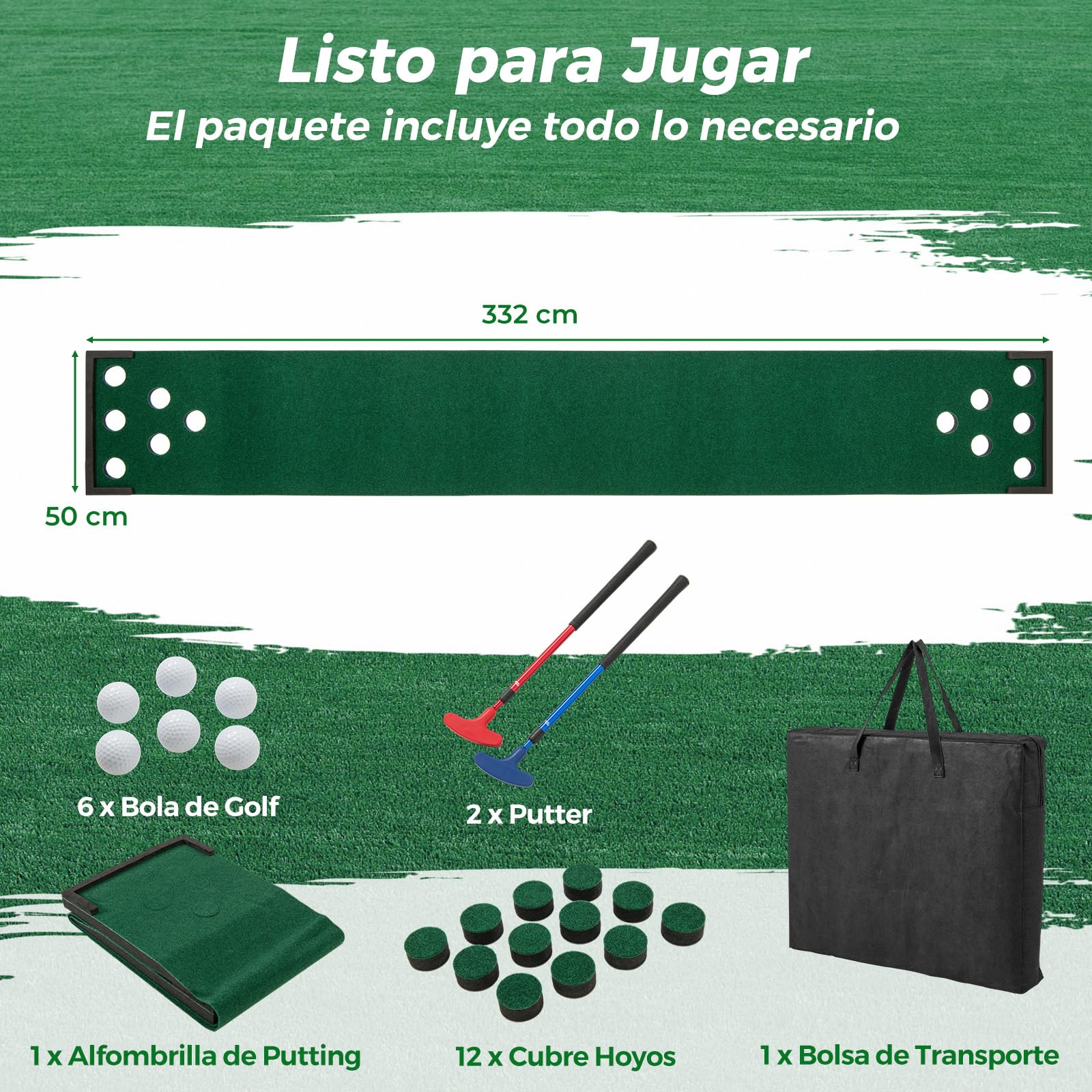 GOPLUS Alfombra de Putting, Set de Golf Pong con Putters Ajustables, Pelotas, Tapas para Hoyos para Interior y Exterior, Equipo de Entrenamiento para Casa y Oficina
