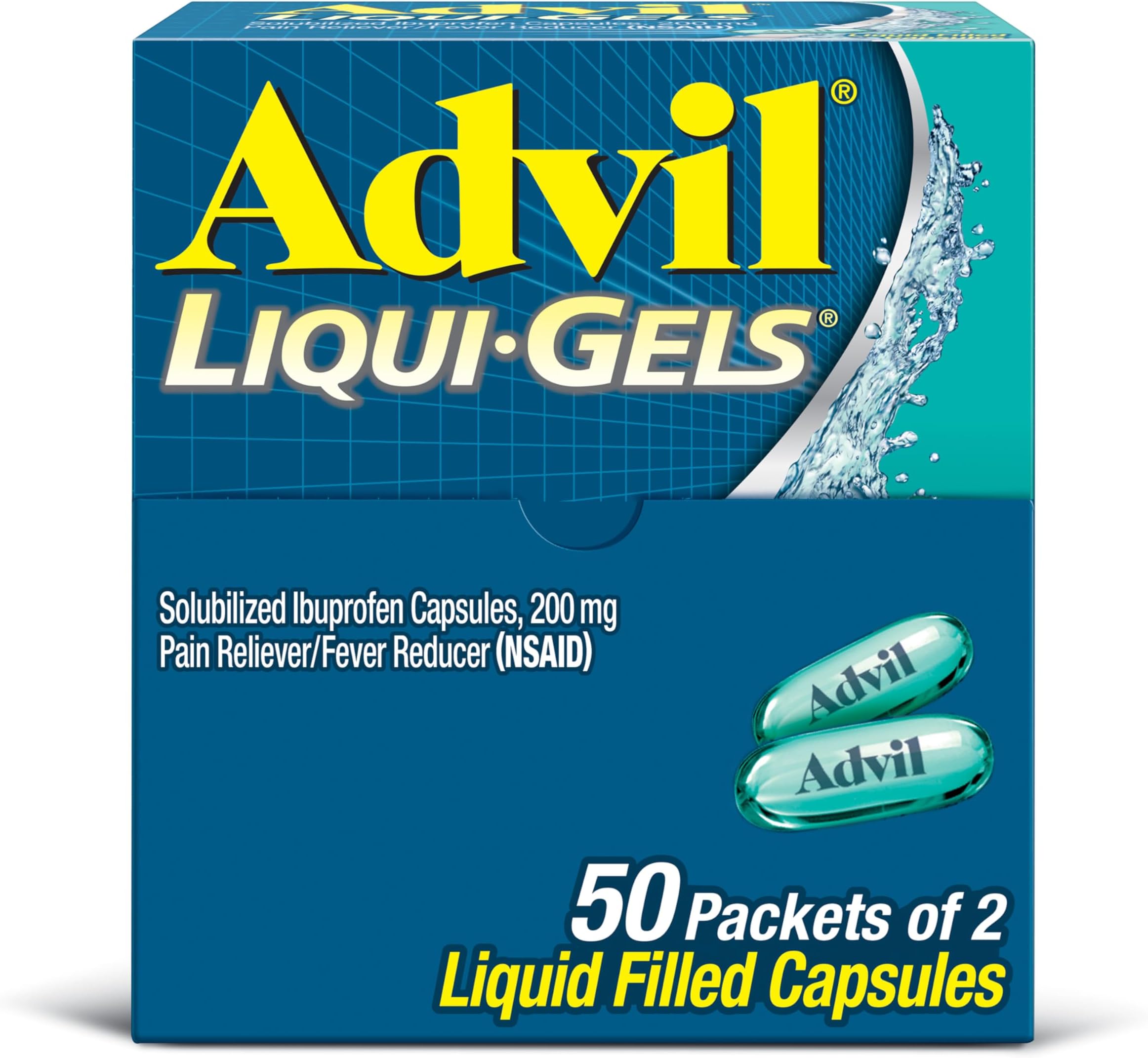 - Advil Liqui-Gels Pain Reliever and Fever Reducer, Pain Medicine for Adults with Ibuprofen 200mg for Headache, Backache, Menstrual Pain and Joint Pain Relief - 50x2 Liquid Filled Capsules