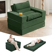 COMAX Folding Sofa Bed, Boneless Sleeper Chair with Two Backrest Pillows, Convertible Couch Foldable Bean Bag Chair, Foam Fill Mattress, Portable No Assembly for Living Room/Bedroom, Green