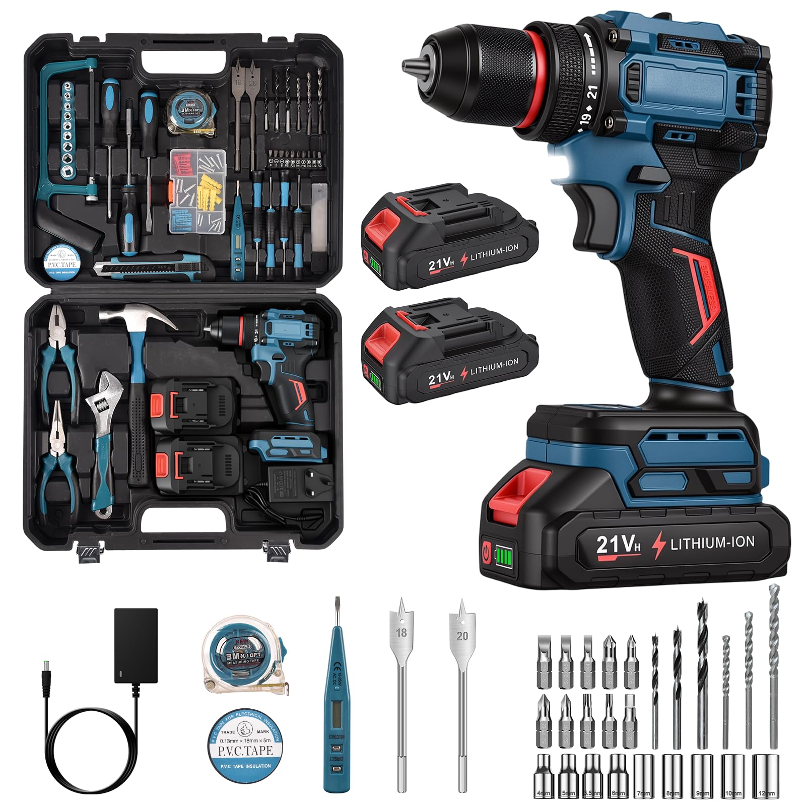 118PCS Cordless Drill Set 21V, 65N.m Max Electric Screwdriver Set with 4000mAh Batteries, 25+1 Torque Cordless Hammer Drill, 2 Variable Speed, LED Work Light, Home and Garden DIY Project Kit