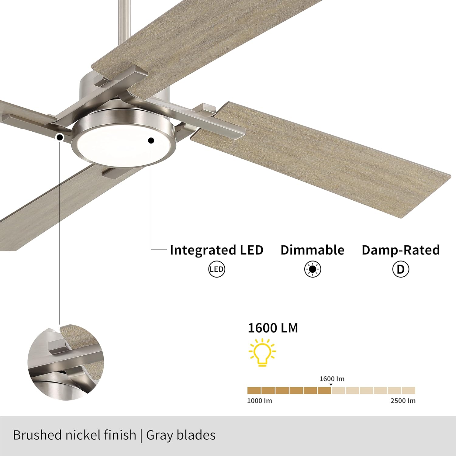 WINGBO 54 Inch Ceiling Fan with Light and Remote, 4 Plywood Blades, 6-Speed Reversible DC Motor, Dimmable, 3CCT, Farmhouse Ceiling Fan for Bedroom Living Room Kitchen, Brushed Nickel and Gray - Image 6