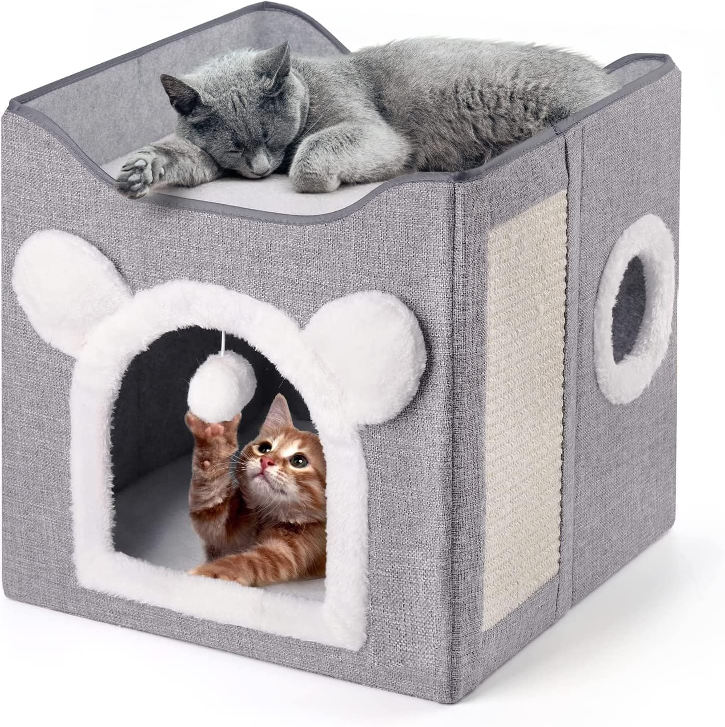 بيت قطط متعدد الوظائف من بلورفوكس، سرير للقطط في الاماكن المغلقة، منزل قطط كبير قابل للطي مع سجادة، بيت لعب كبير للحيوانات الاليفة مع كرة منفوشة، سرير مغطى للقطط الصغيرة والحيوانات، 40 × 40 × 39 سم