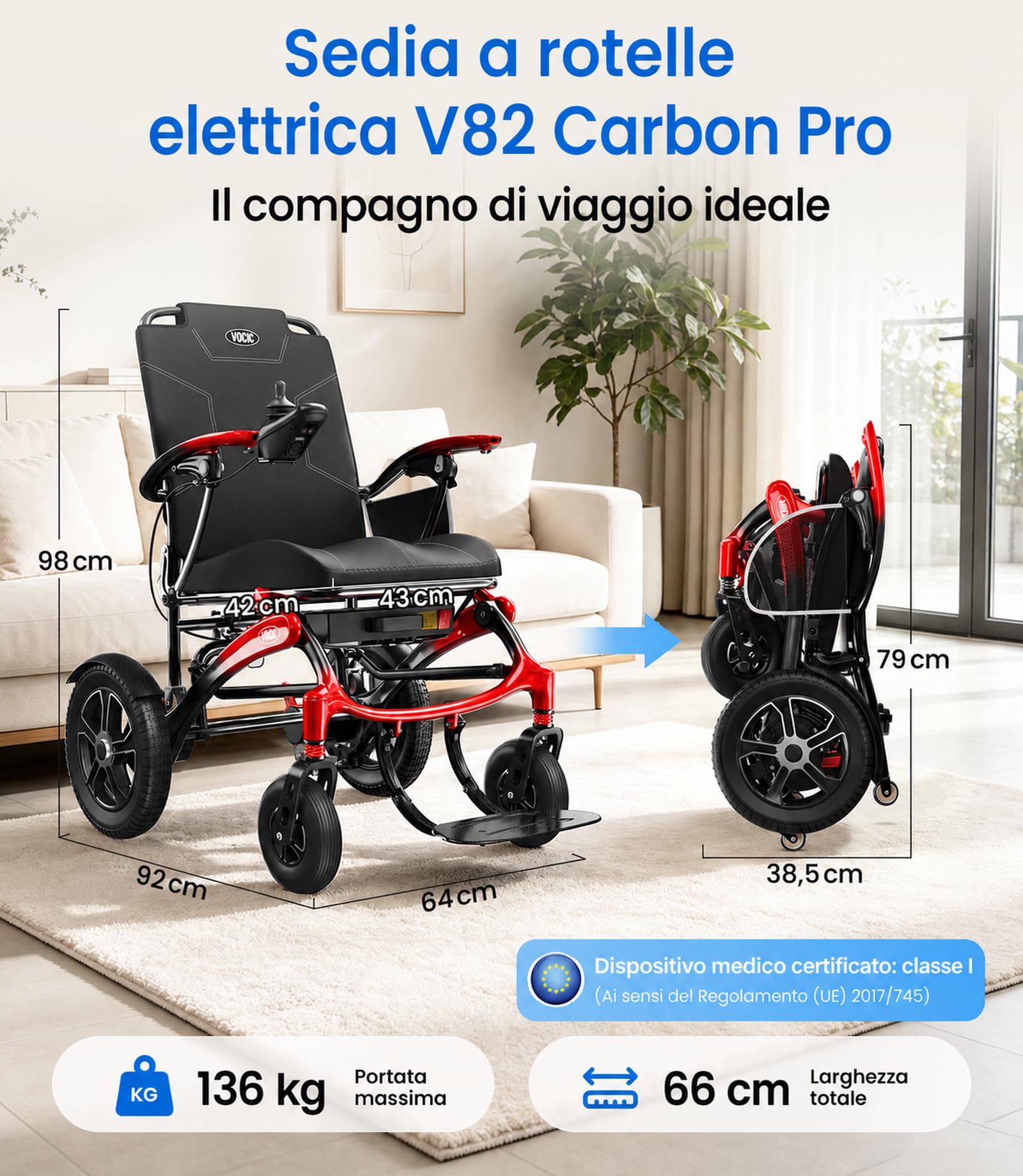 VOCIC V82 Sedia a rotelle elettrica pieghevole leggera carbonio 500W