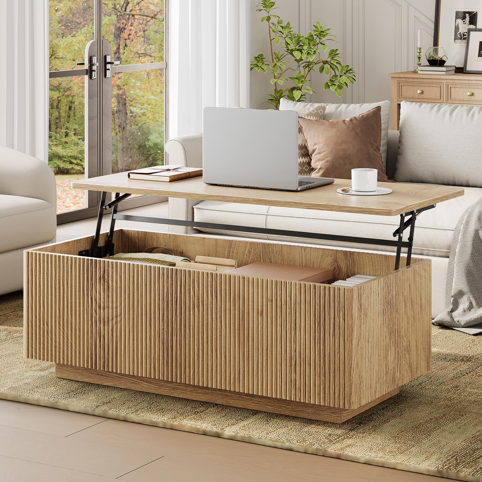FABATO Fluted Lift Top Coffee Table with Storage