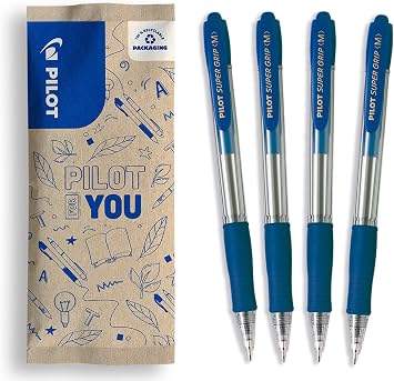 PILOT - Set of 4 Super Grip G Ballpoint Pens - Refillable and Retractable Ballpoint Pen with Ultra Soft Ink - Smooth and Comfortable Writing - 4 Blue - Medium Tip
