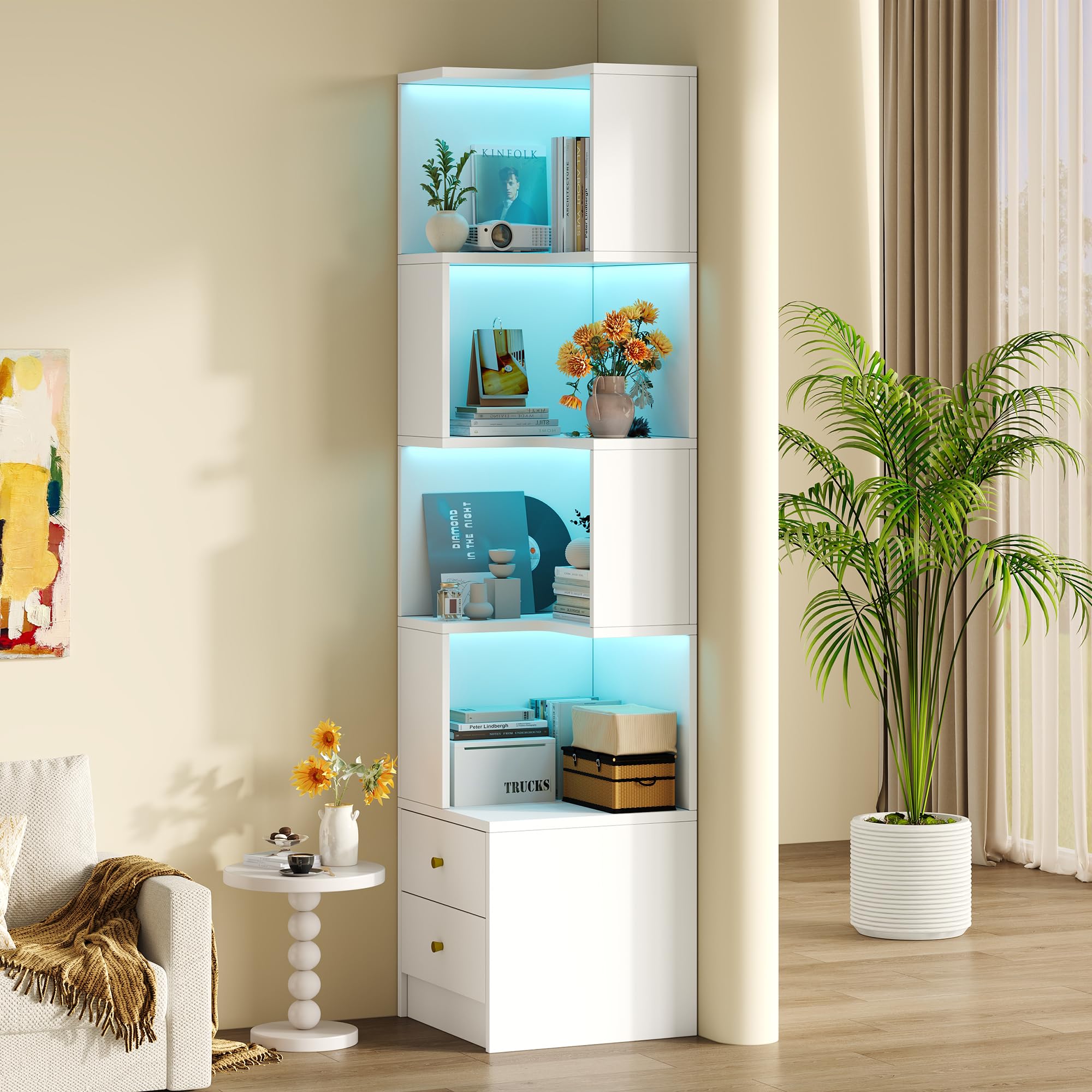 Scaffale angolare per soggiorno, 180 cm, moderna libreria angolare con illuminazione a LED, scomparti aperti e 2 cassetti, per soggiorno, camera da letto e corridoio (bianco)