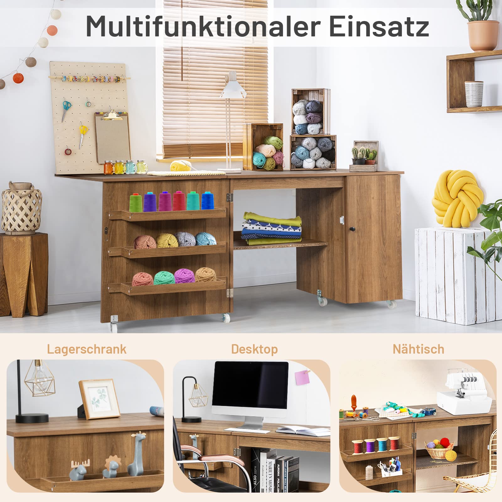 GOPLUS Klappbarer Nähtisch, 2 in 1 Nähschrank & Schreibtisch, Nähmaschinentisch auf Rollen, 3 Seitenfächer & 1 Schrank, 2 arretierbare Rollen, für Wohnzimmer Schlafzimmer Büro (Natur)