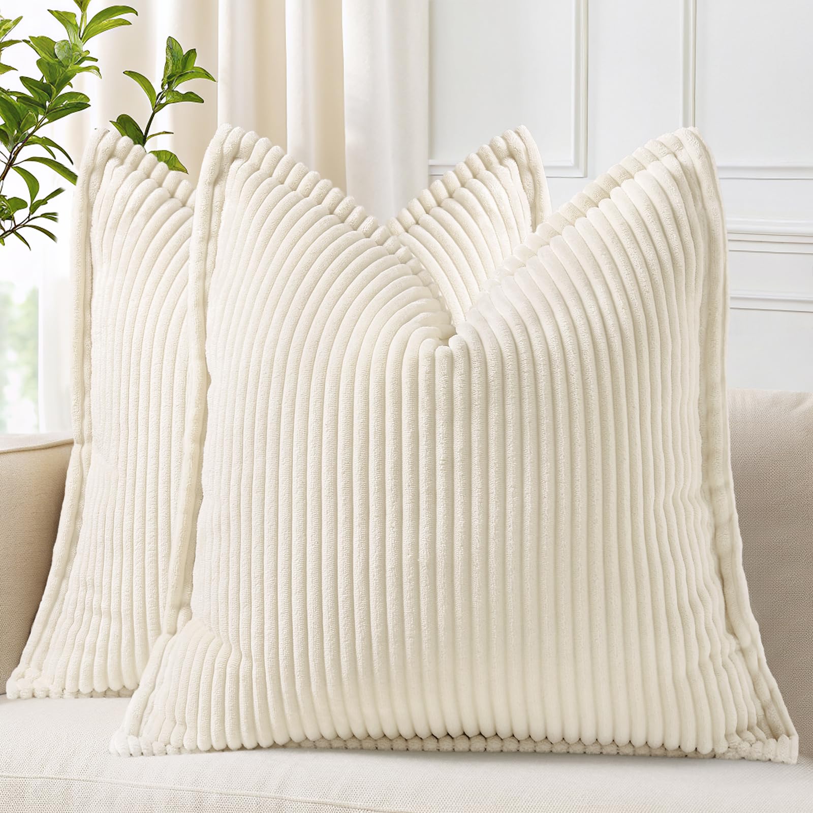 Homaxy Corduroy Cushion Covers 65 x 65 cm Set of 2, Cream White