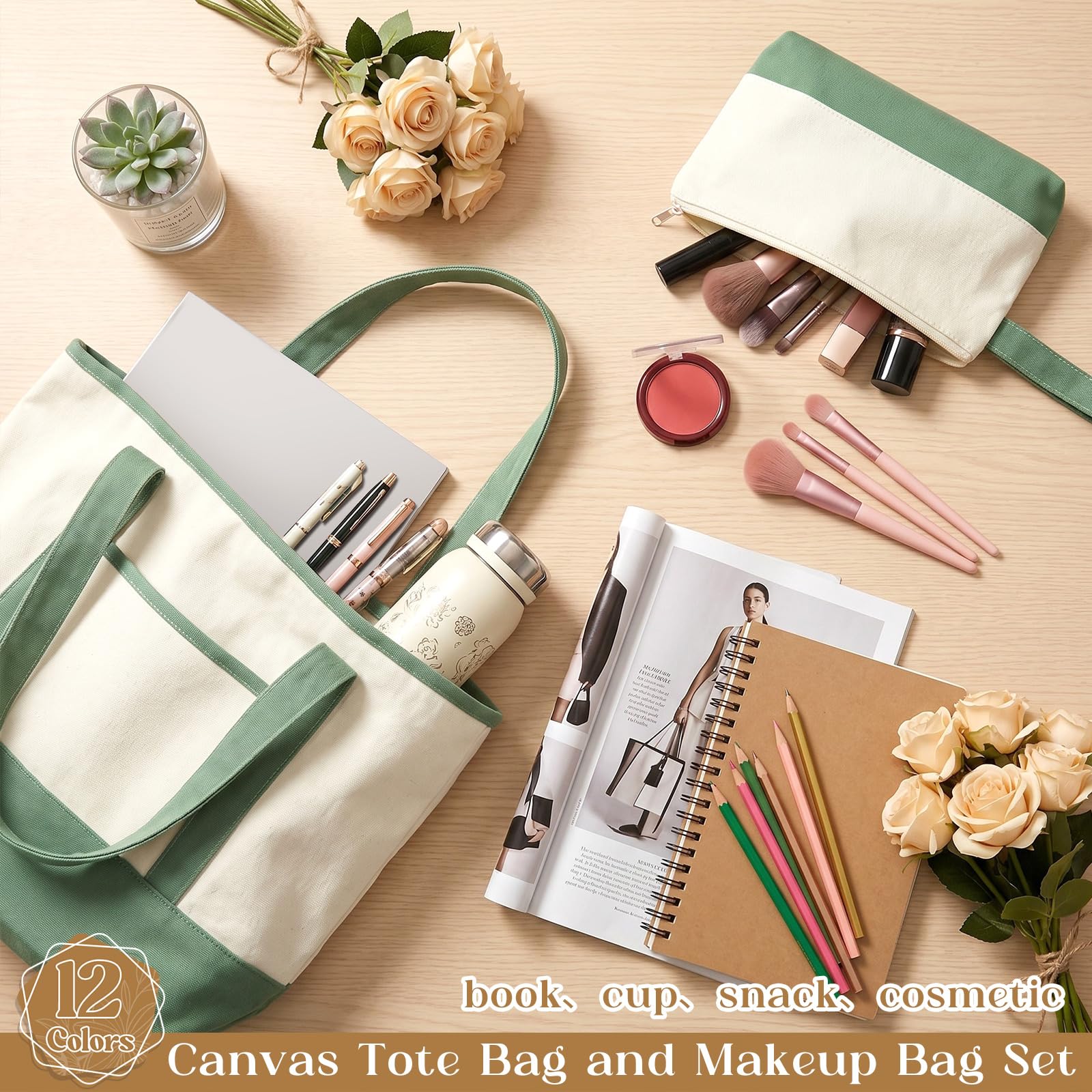 Sanwuta Canvas-Tragetaschen mit Außentasche und Make-up-Tasche, 45,7 cm, wiederverwendbare Einkaufstaschen mit Griffen, für Damen, Strand, DIY