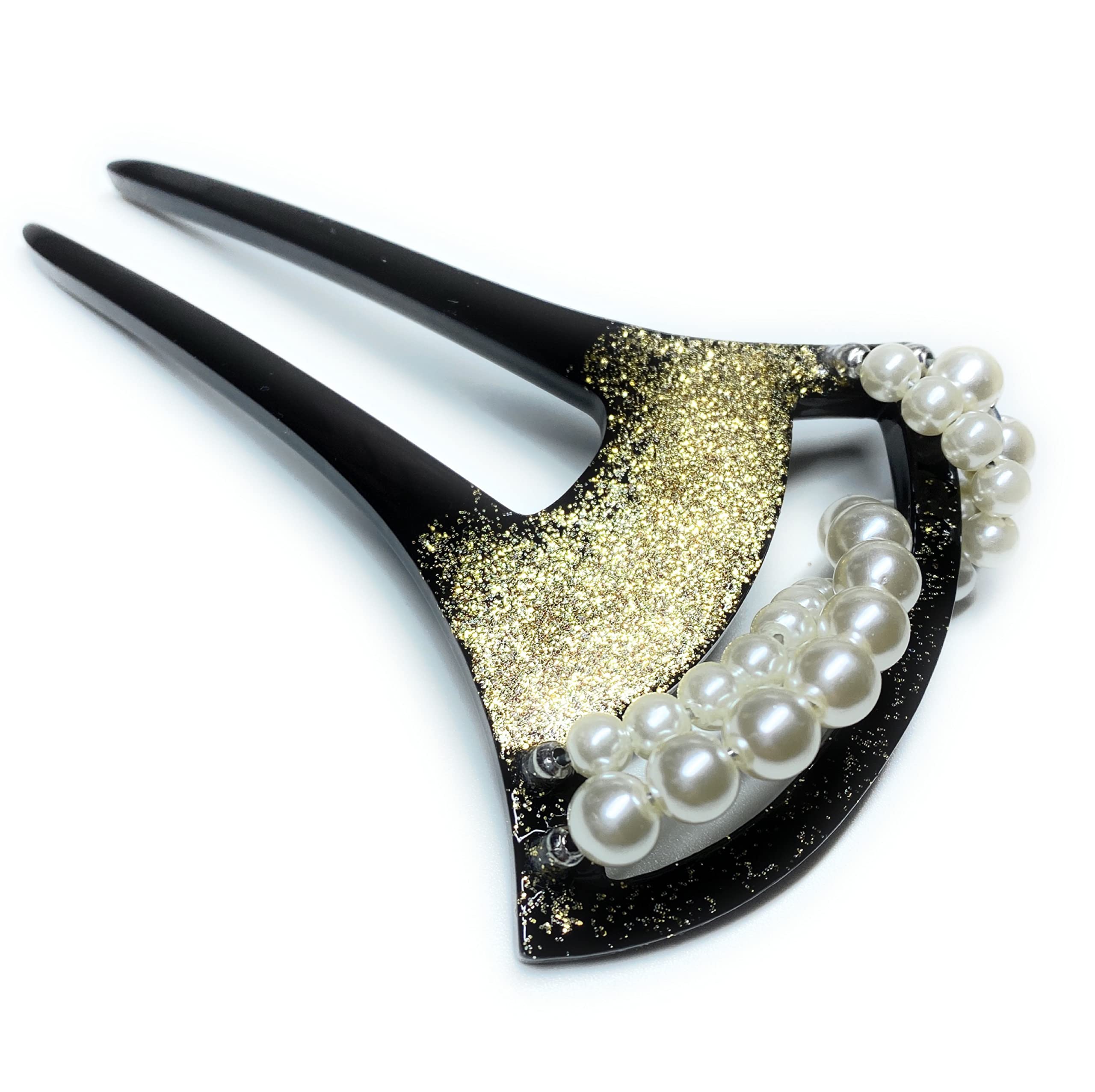 Loaris Kanzashi Hairpin, Bachi-Style Hair Ornament, 2 Pronged, Gold Glitter, Japanese Clothing, Kimono, Tomesode Kimono, Fan Shape : Clothing, Shoes & Jewelry