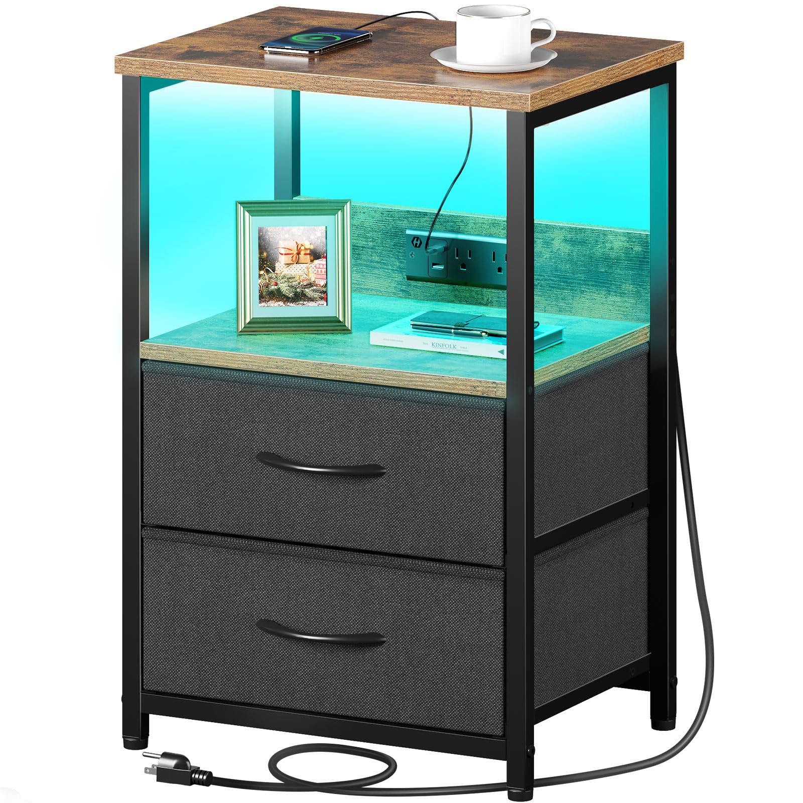 Seventable Nightstand with Charging Station, Bedside Table with LED Lights, Night Stand with 2 Fabric Drawers, 3-Tier Storage End Table for Bedroom, Rustic BrownBIFMA LEVELBIFMA LEVELBIFMA LEVEL