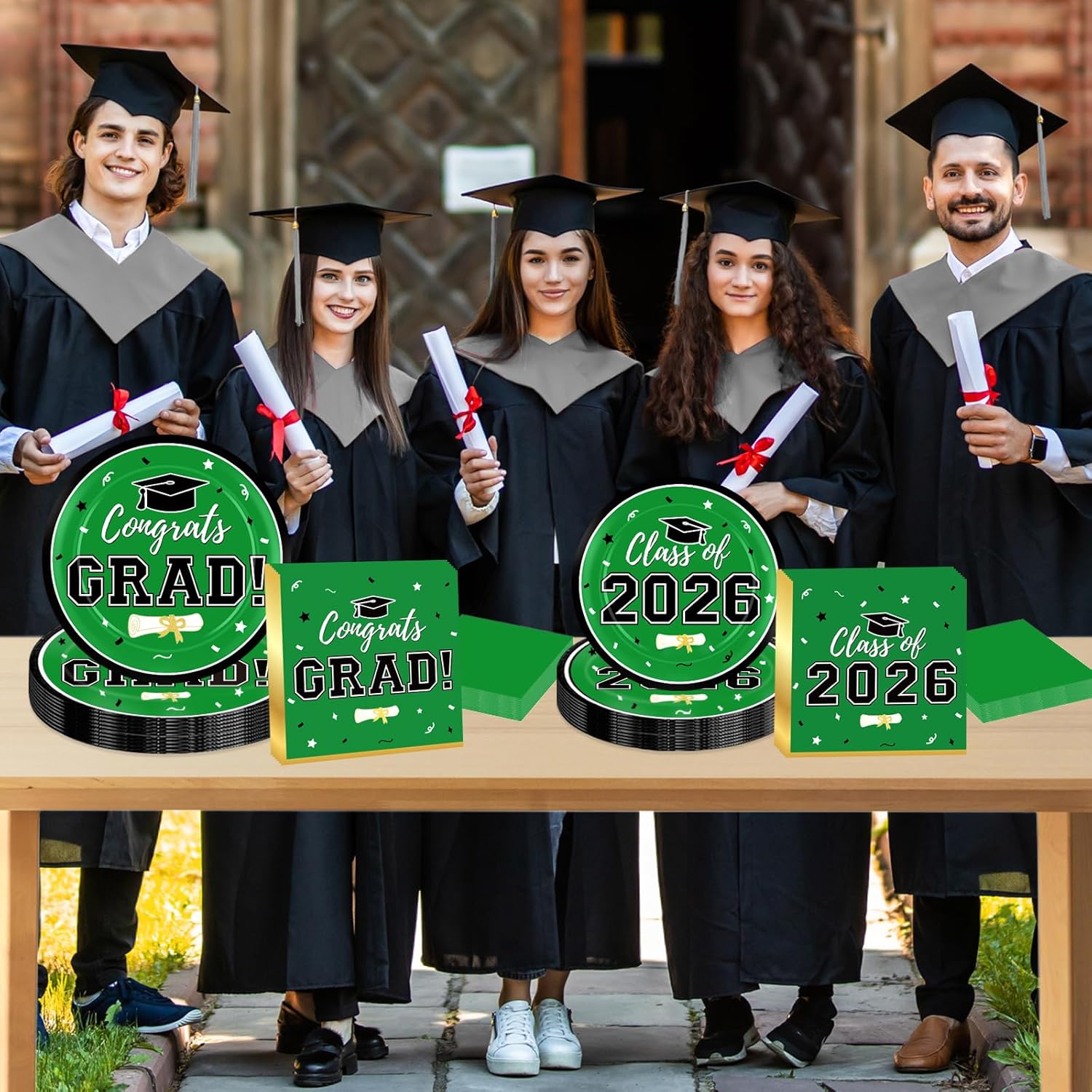 Labrostar Graduation Party Plates and Napkins 2026 Graduation Party Supplies Green Disposable Paper Plates Luncheon Napkins Cocktail Napkins for Graduation Party Decorations Serve 50