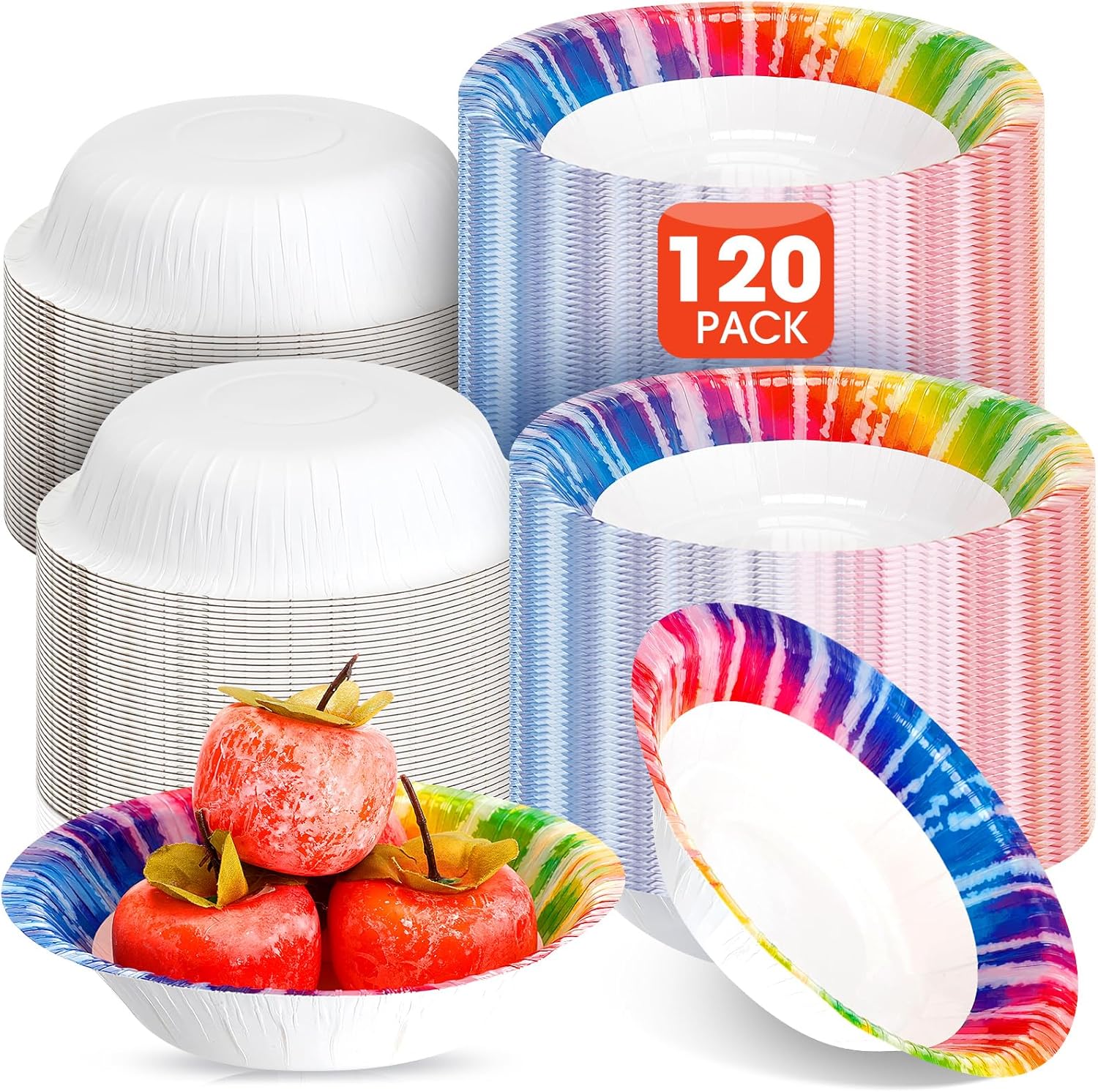 FillTouch 120 Pcs Tie Dye Paper Bowls Bulk 16 oz Party Supplies Disposable Paper Soup Bowls 7 Inches for Hot Cold Food Snack Milk Cereals Salads Dinner Birthday Rainbow Decorations