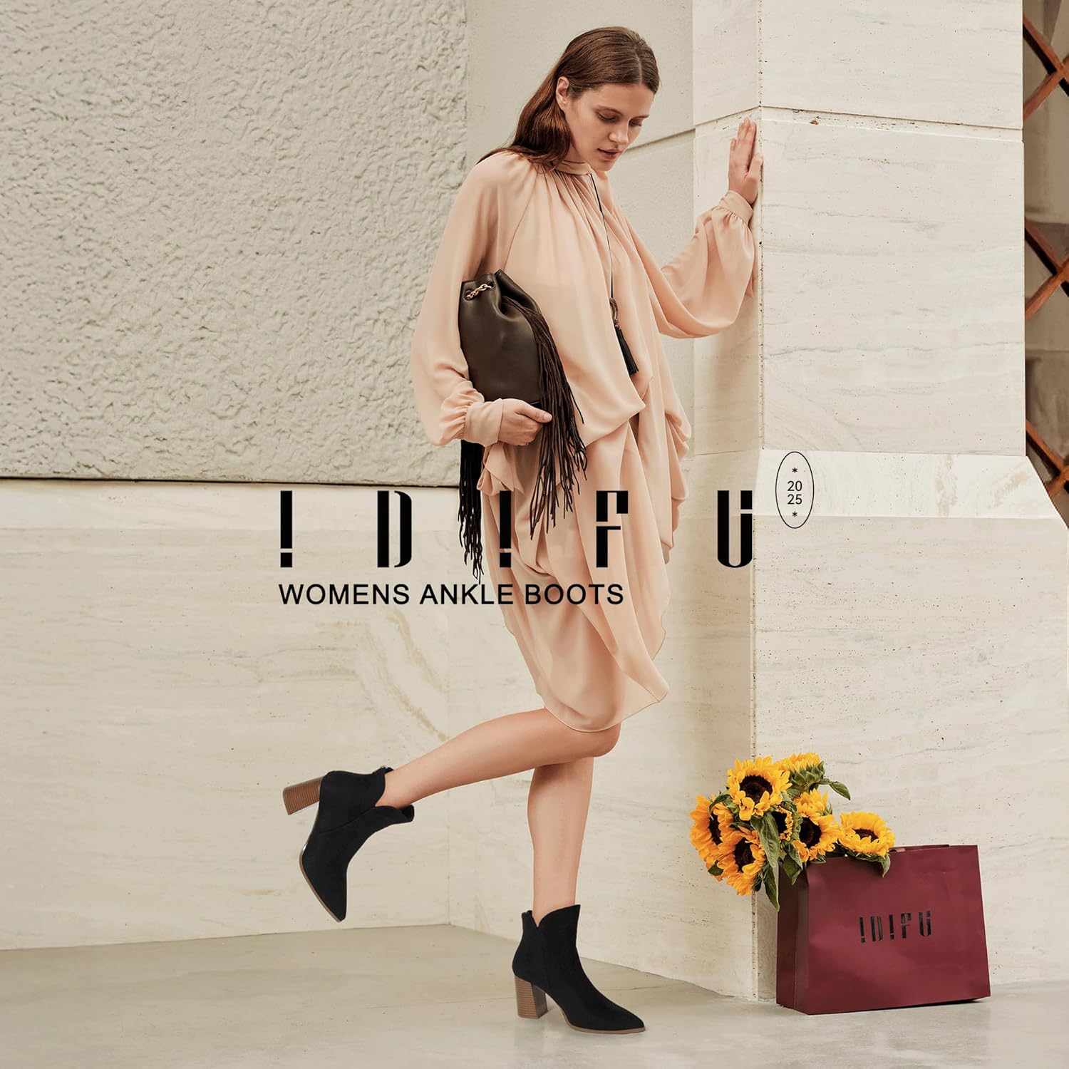 IDIFU IN3 Ankle Boots for Women Chunky Block Short Heel Boot Comfortable Classic Pointed Toe Dress Booties Casual Dressy Fashion Side V Cutout with Zipper Fall Boots - Image 2