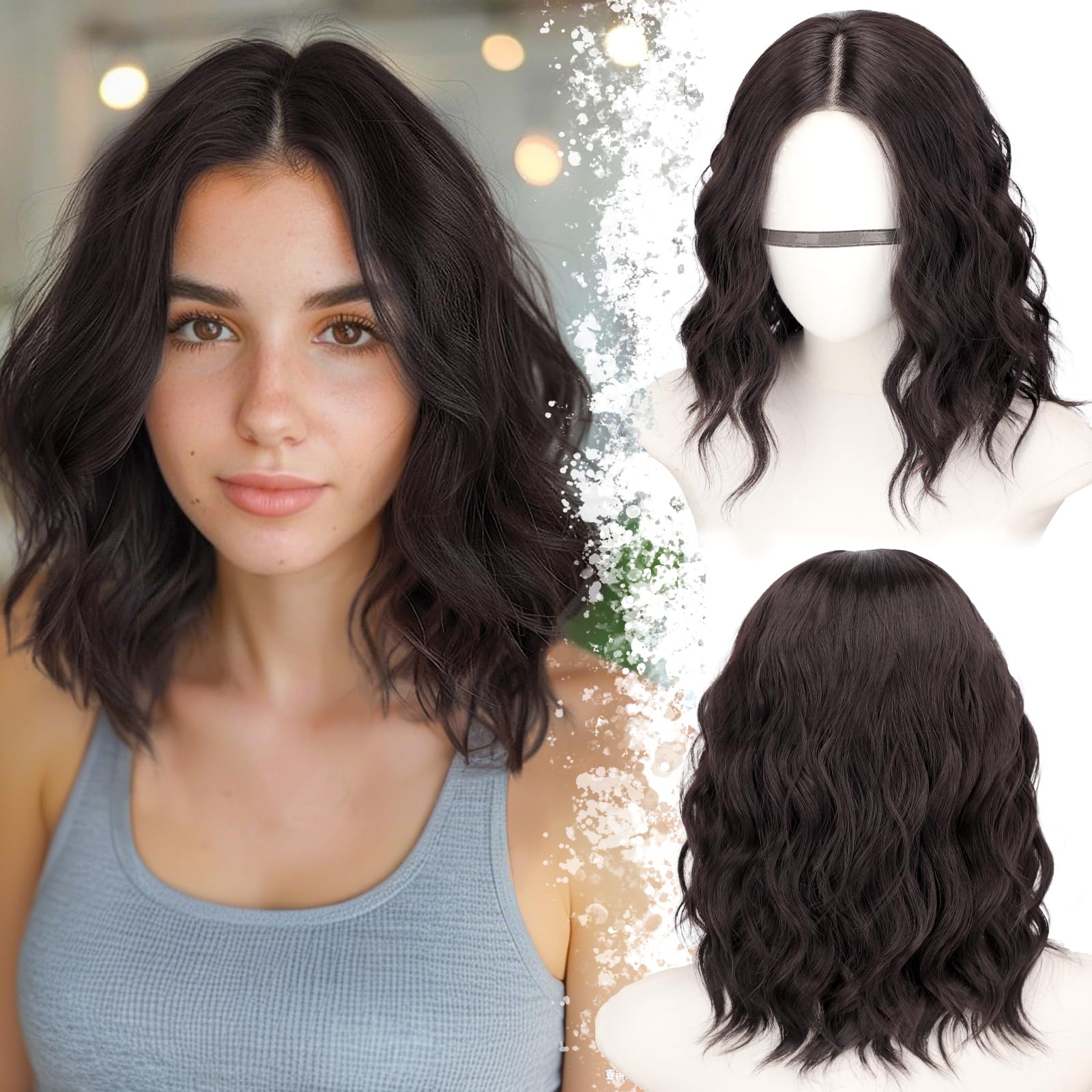 Dark Brown with Highlights Short Wavy Bob Human Hair Wigs Glueless Lace Front Pre Cut for Beginners Natural Hairline (Drak Brown,14 inch) Drak Brown 14 Inch