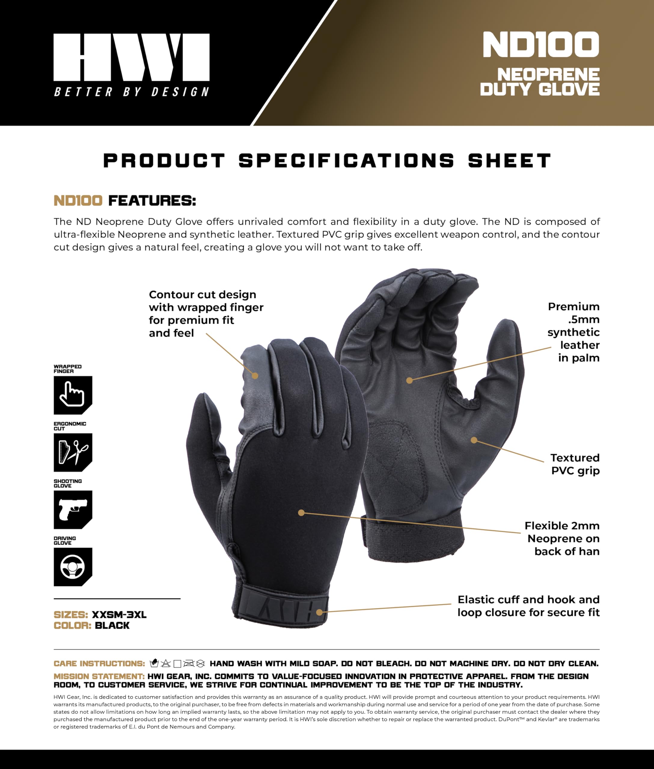 HWI Gear ND - Guante de neopreno Patrol Duty, diseño de corte de contorno, tacto extremo, cómodo, duradero para operaciones tácticas